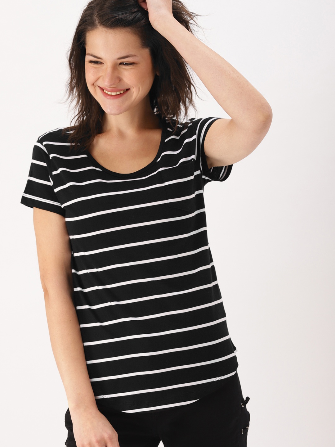 

DressBerry Women Black & White Striped Round Neck T-shirt