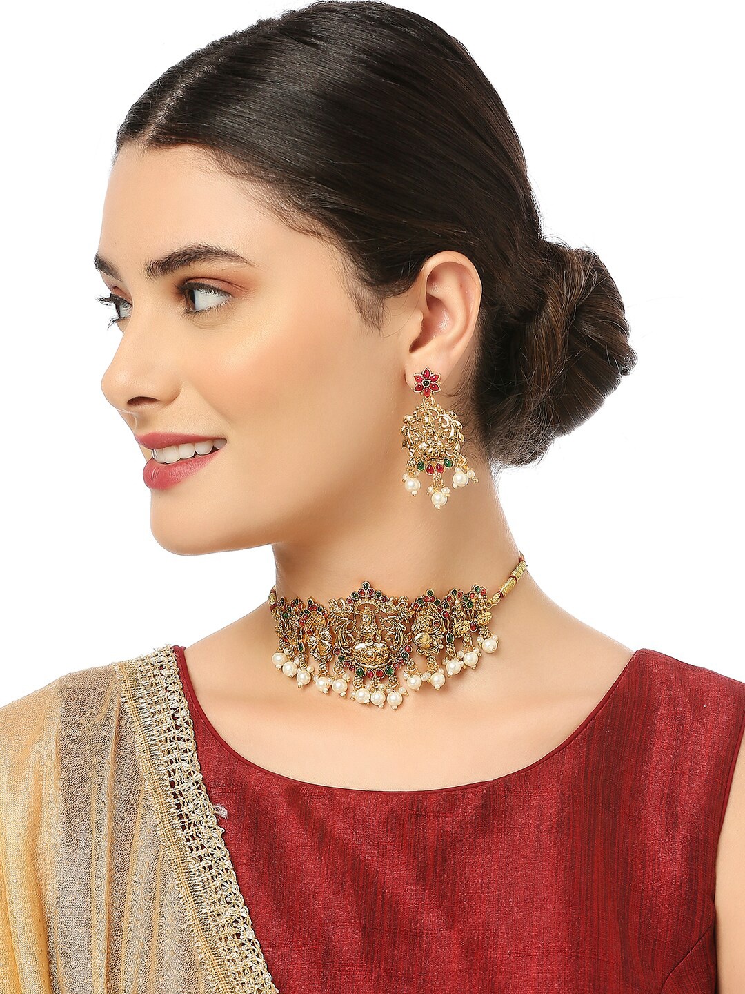 

OOMPH Gold Plated Stone Studded & Beaded Laxmi & Peacock Choker Jewellery Set