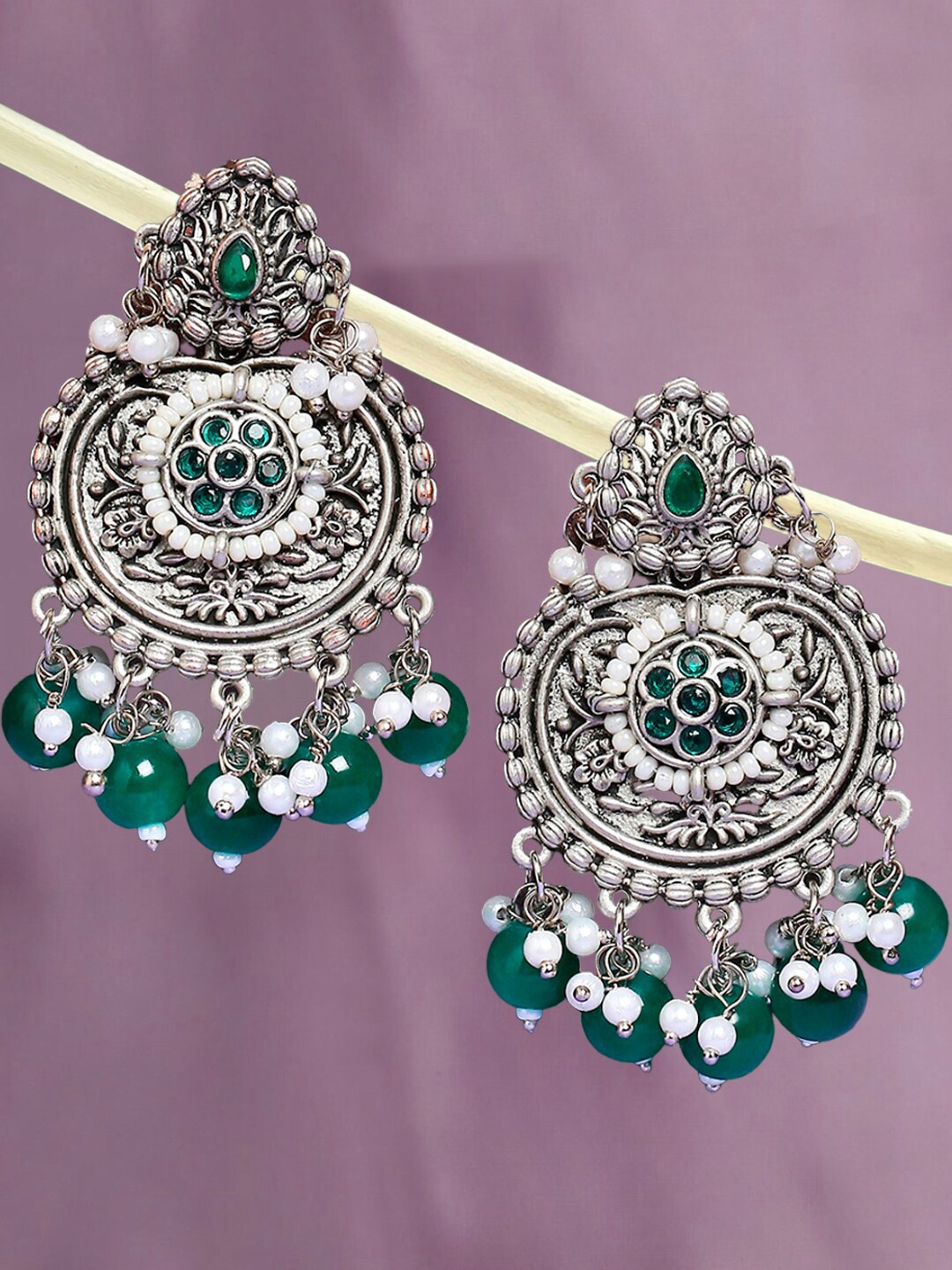 

OOMPH Floral-Shaped Stone & Beaded Chandbalis, Silver