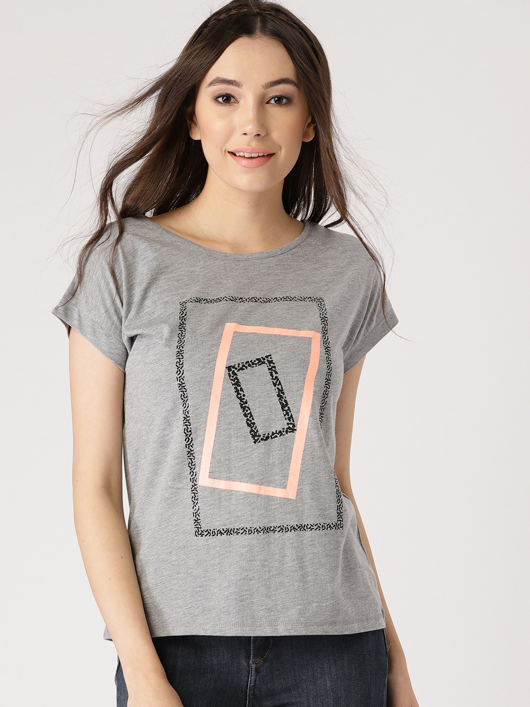 

DressBerry Women Grey Melange Printed Round Neck T-shirt