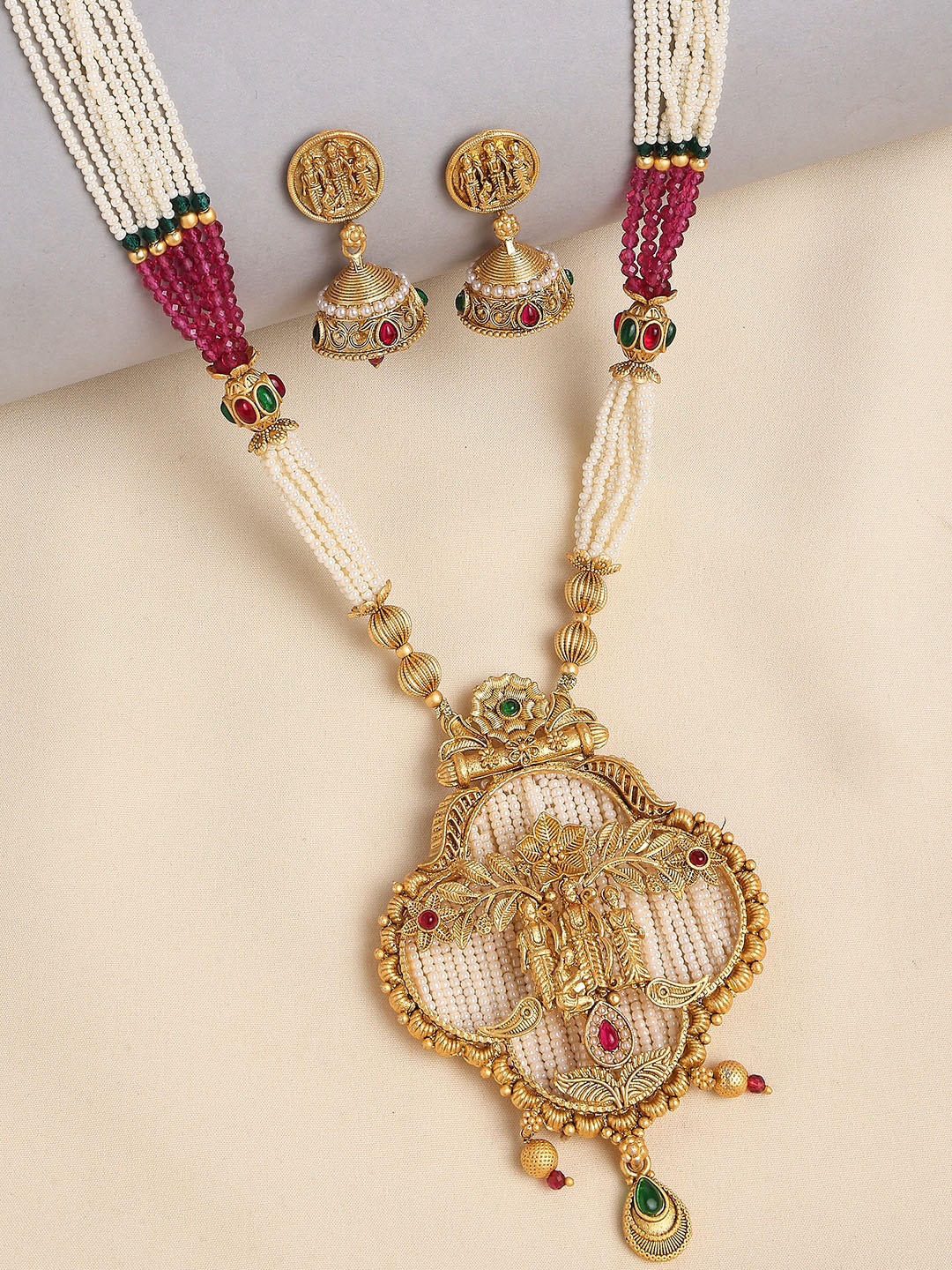 

OOMPH Gold-Plated Stone-Studded & Beaded Lord Ram, Sita, Laxman Necklace Jewellery Set