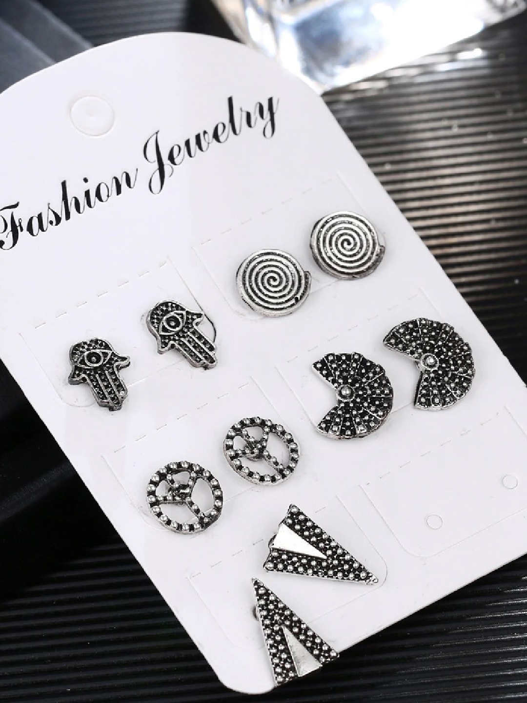 

OOMPH Set Of 5 Geometric Studs Earrings, Silver