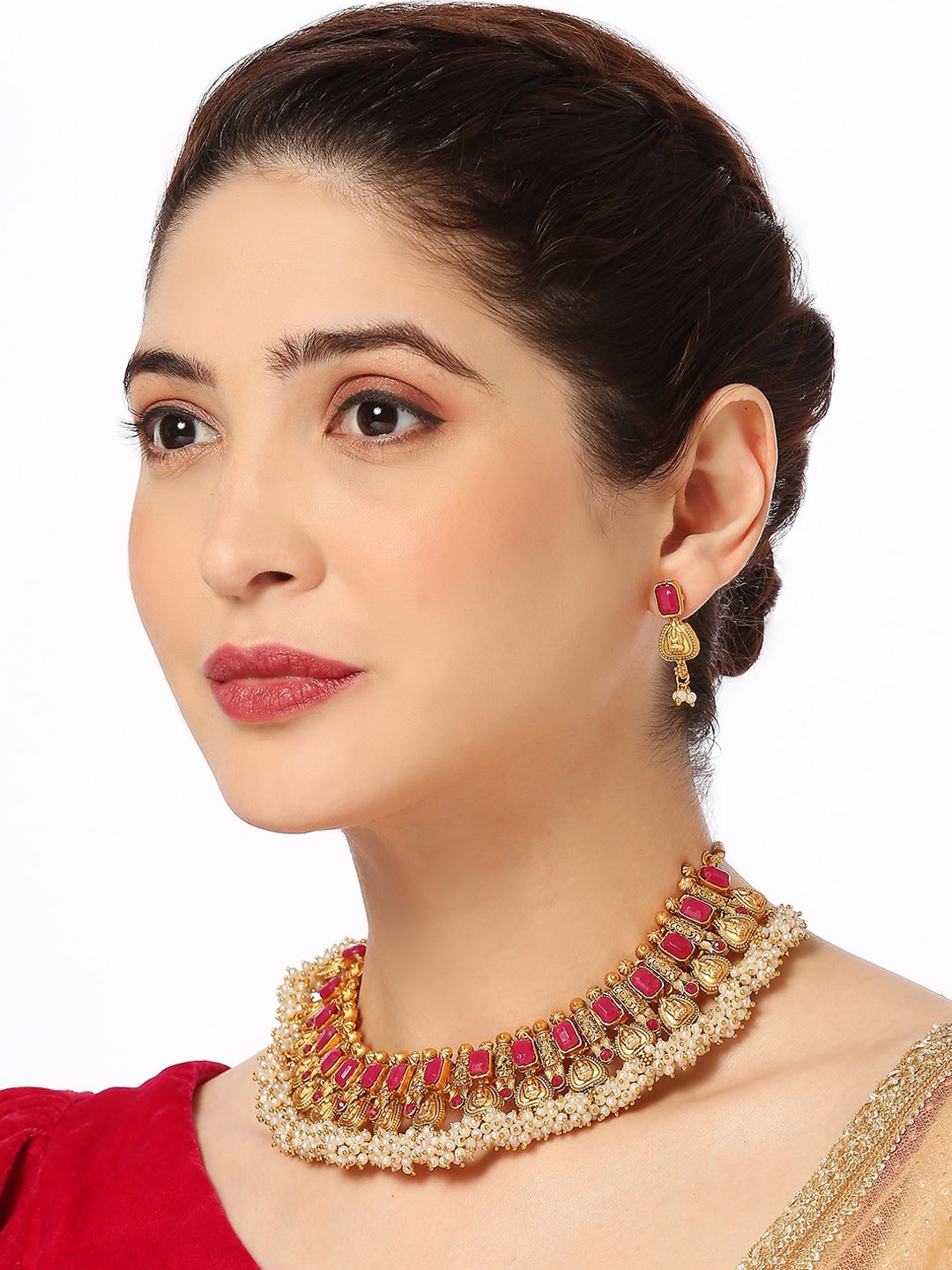 

OOMPH Gold Plated Stone Studded & Beaded Laxmi Choker Jewellery Set