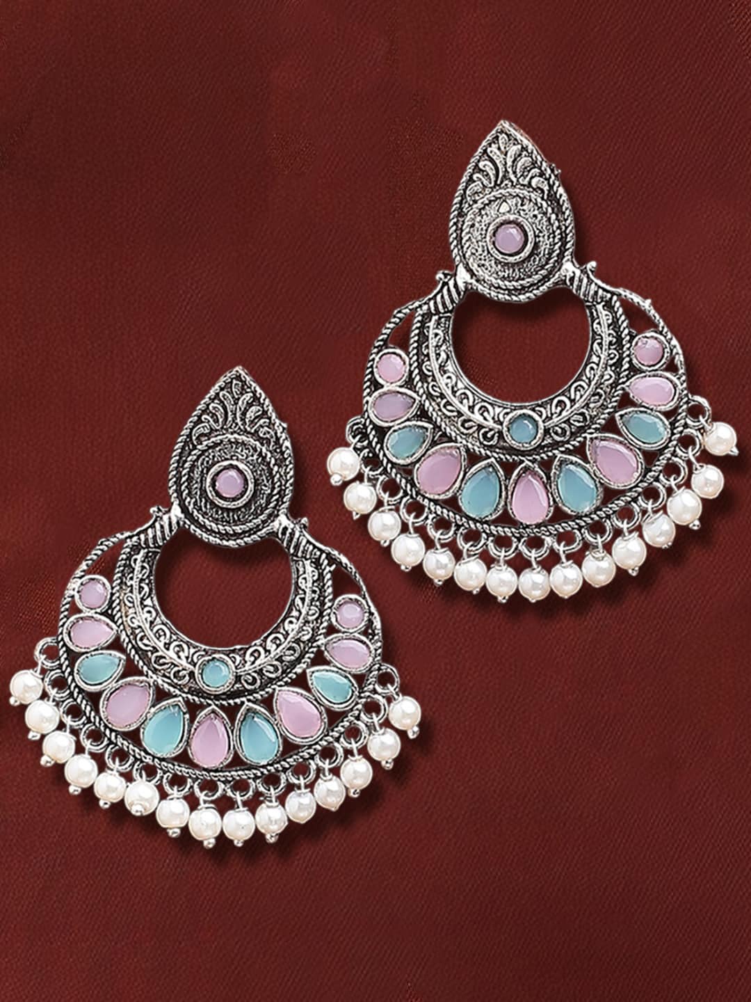 

OOMPH Peacock Shaped Chandbalis Earrings, Pink