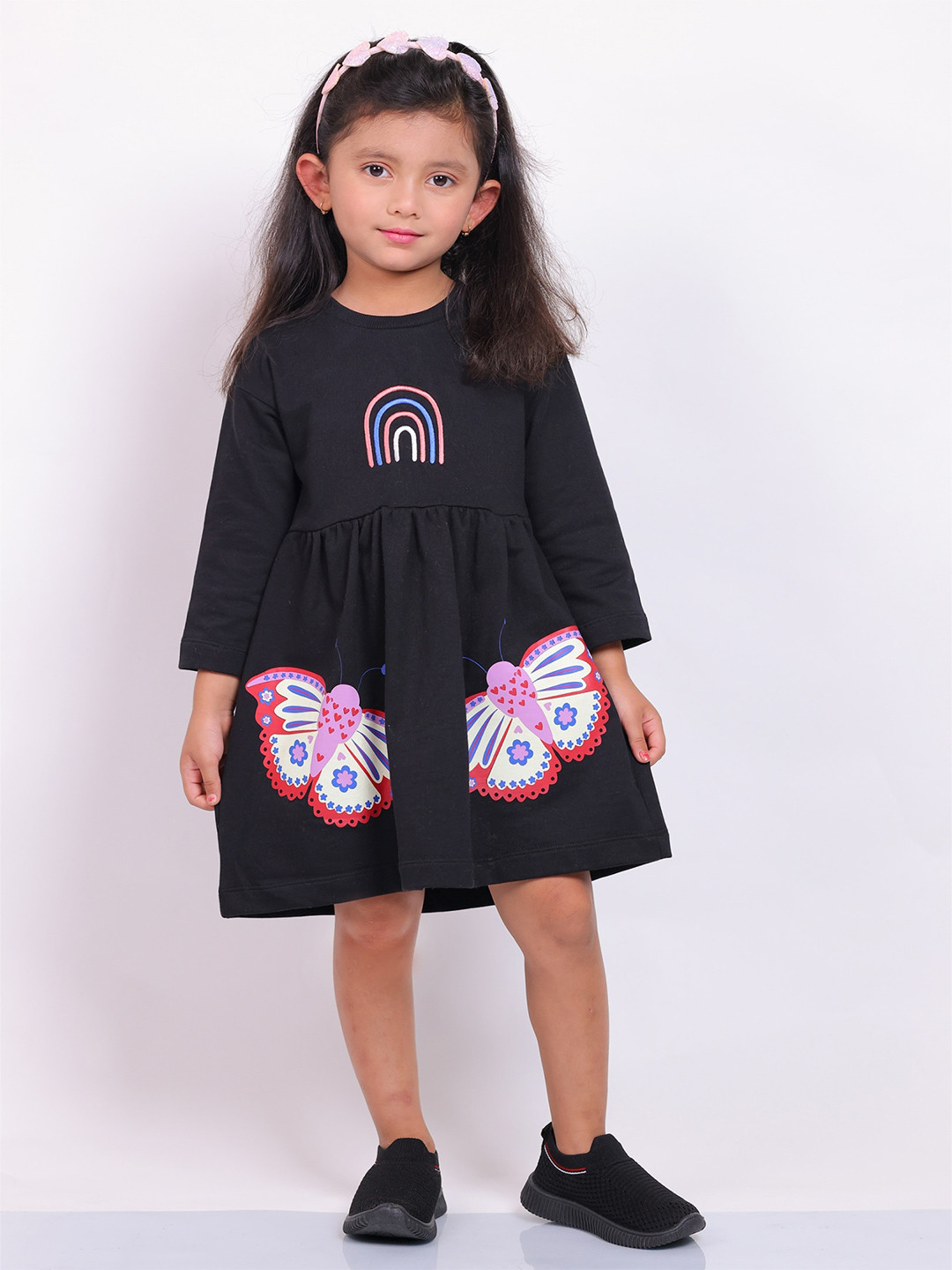 

Little Carrot Girls Conversational Printed Gathered Detailed Pure Cotton Fit & Flare Dress, Black