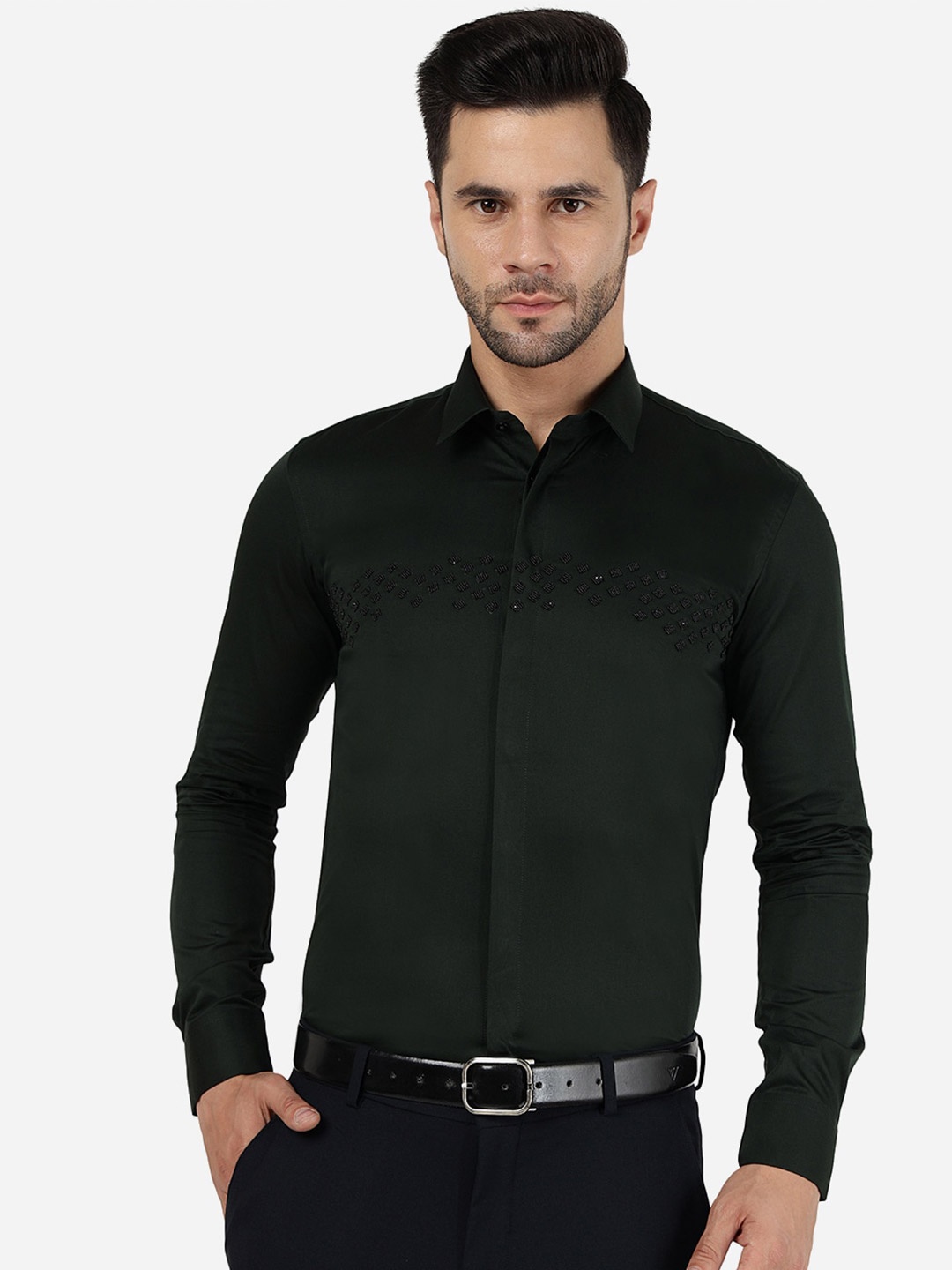 

JB STUDIO Embellished Cotton Slim Fit Party Shirt, Green