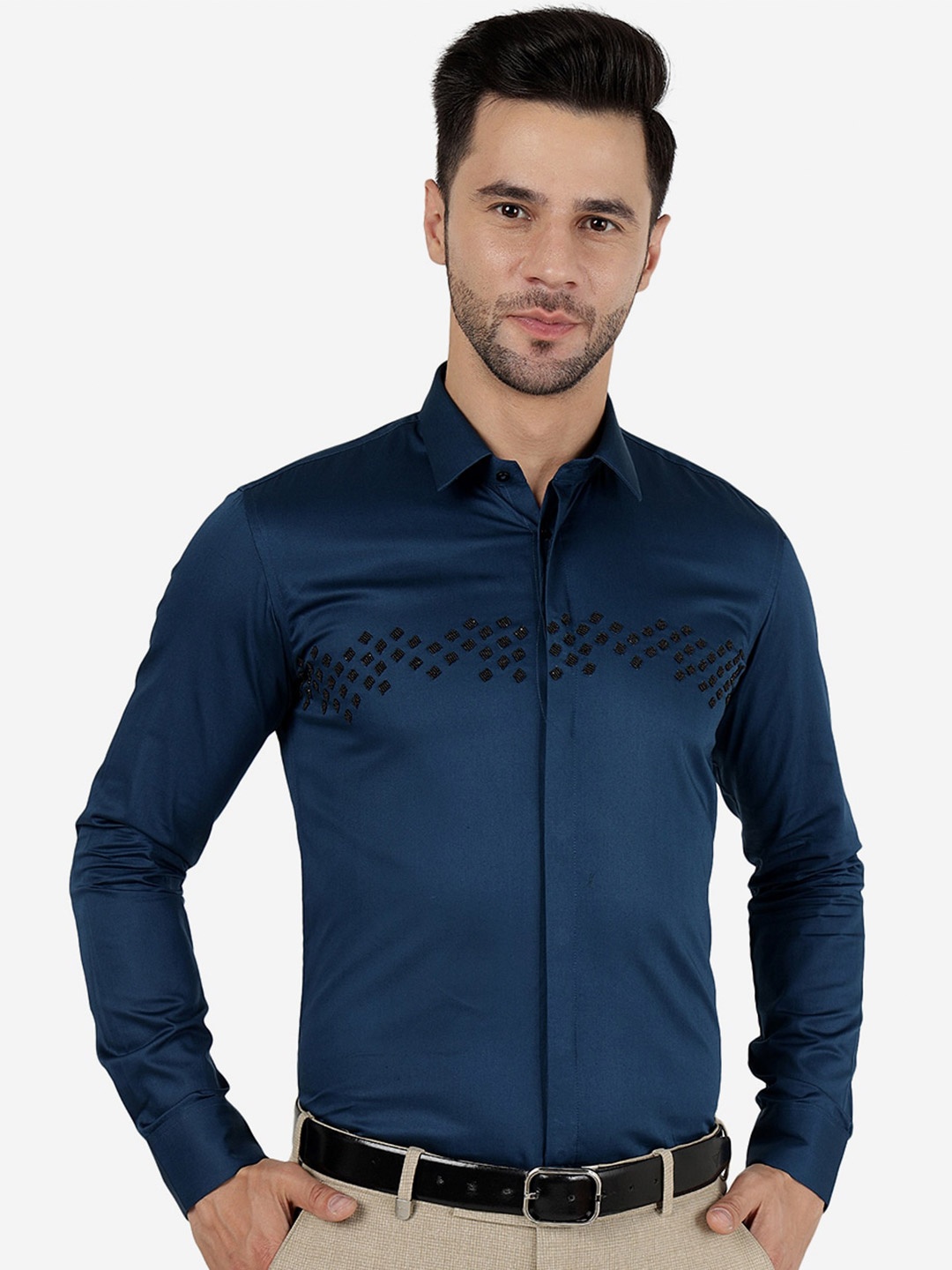 

JB STUDIO Slim Fit Embellished Cotton Party Shirt, Blue