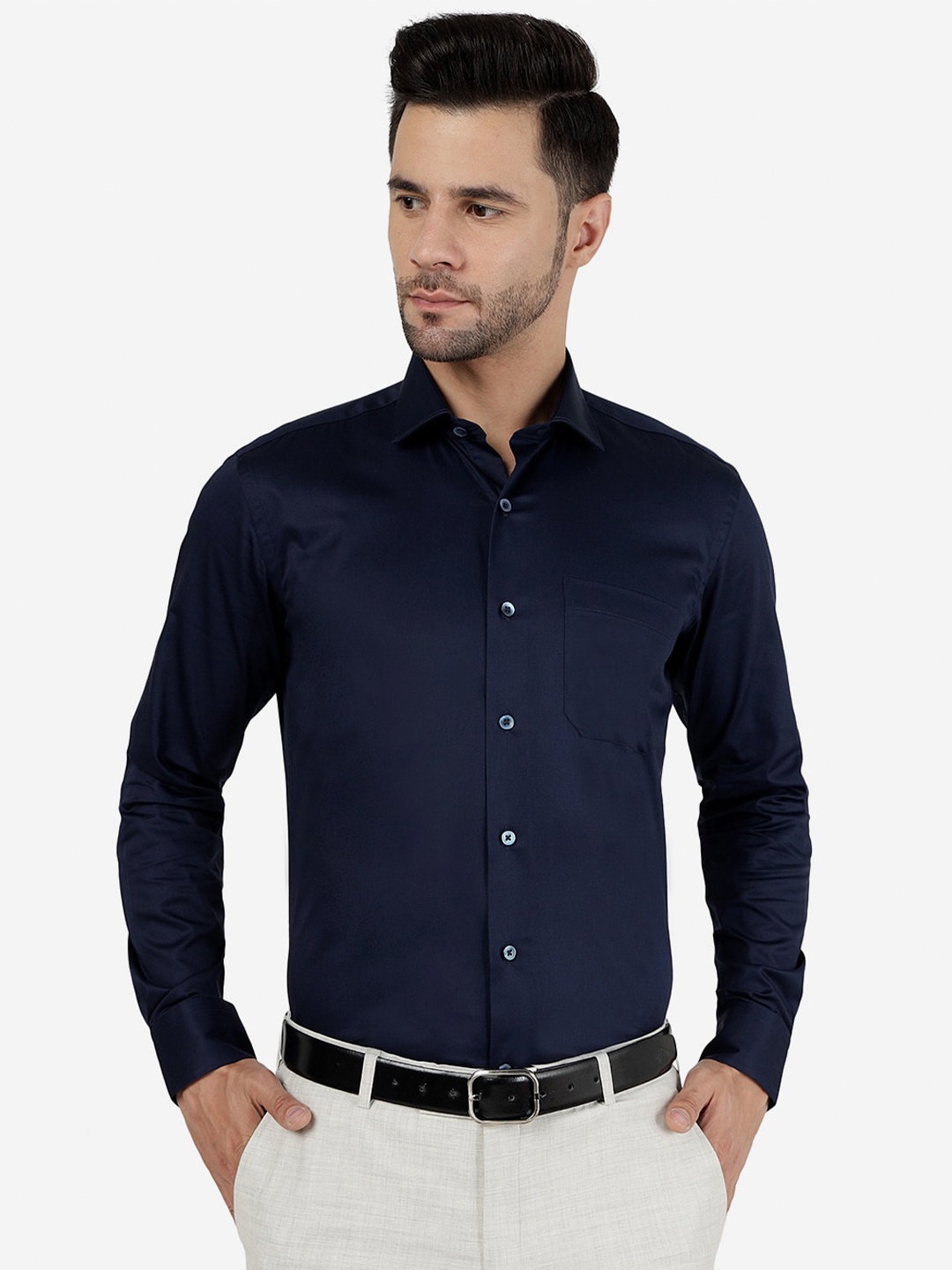 

METAL Spread Collar Cotton Slim Fit Formal Shirt, Navy blue