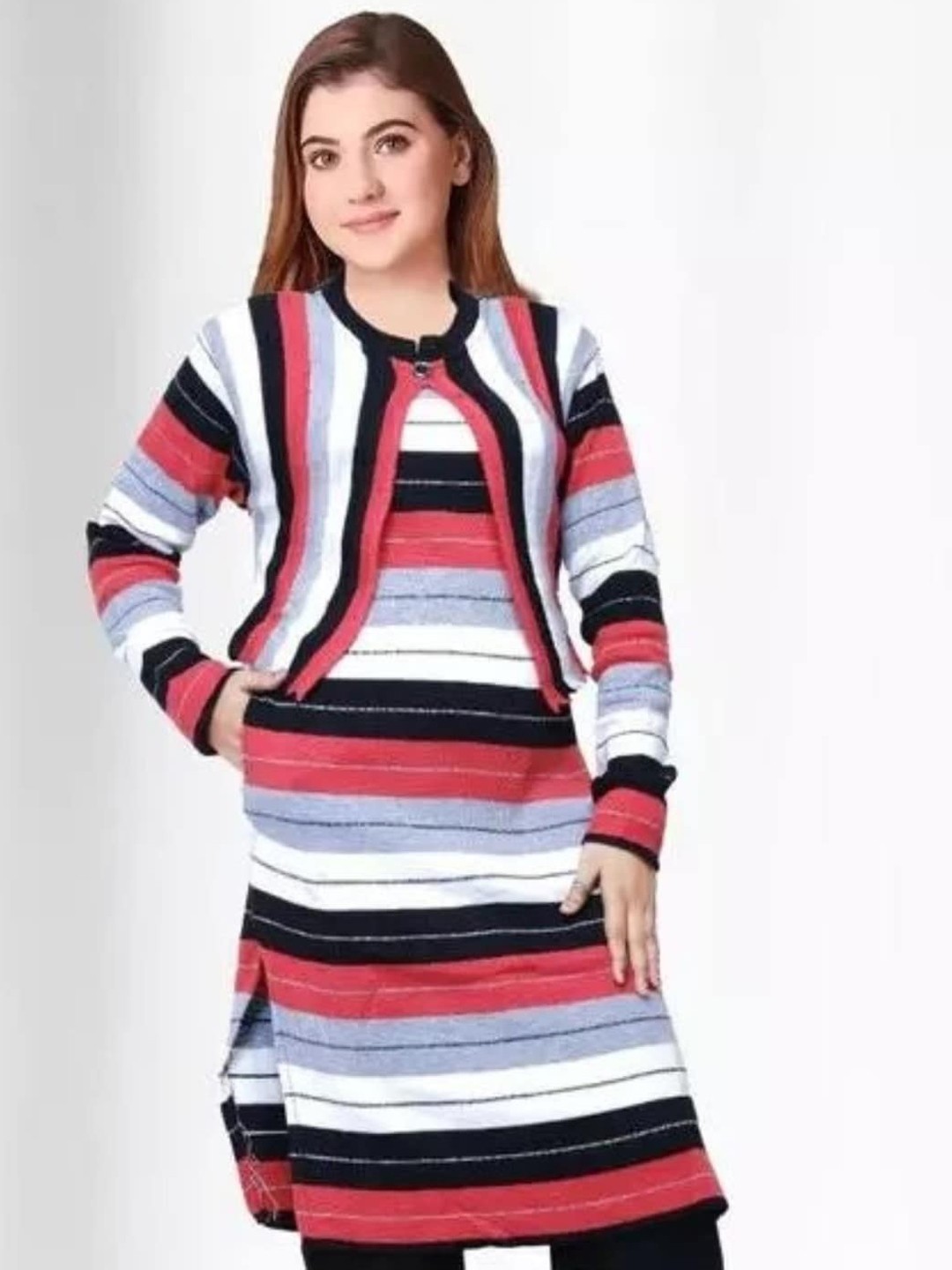 

SAMMYCO Striped Woollen Regular A-Line Kurta, Black