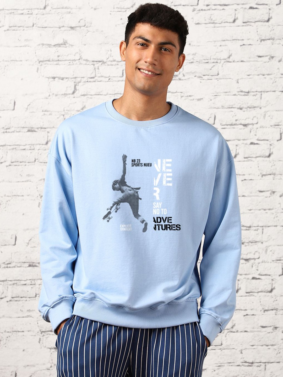 

NOBERO Graphic Printed Round Neck Long Sleeves Oversized Pullover Sweatshirt, Blue