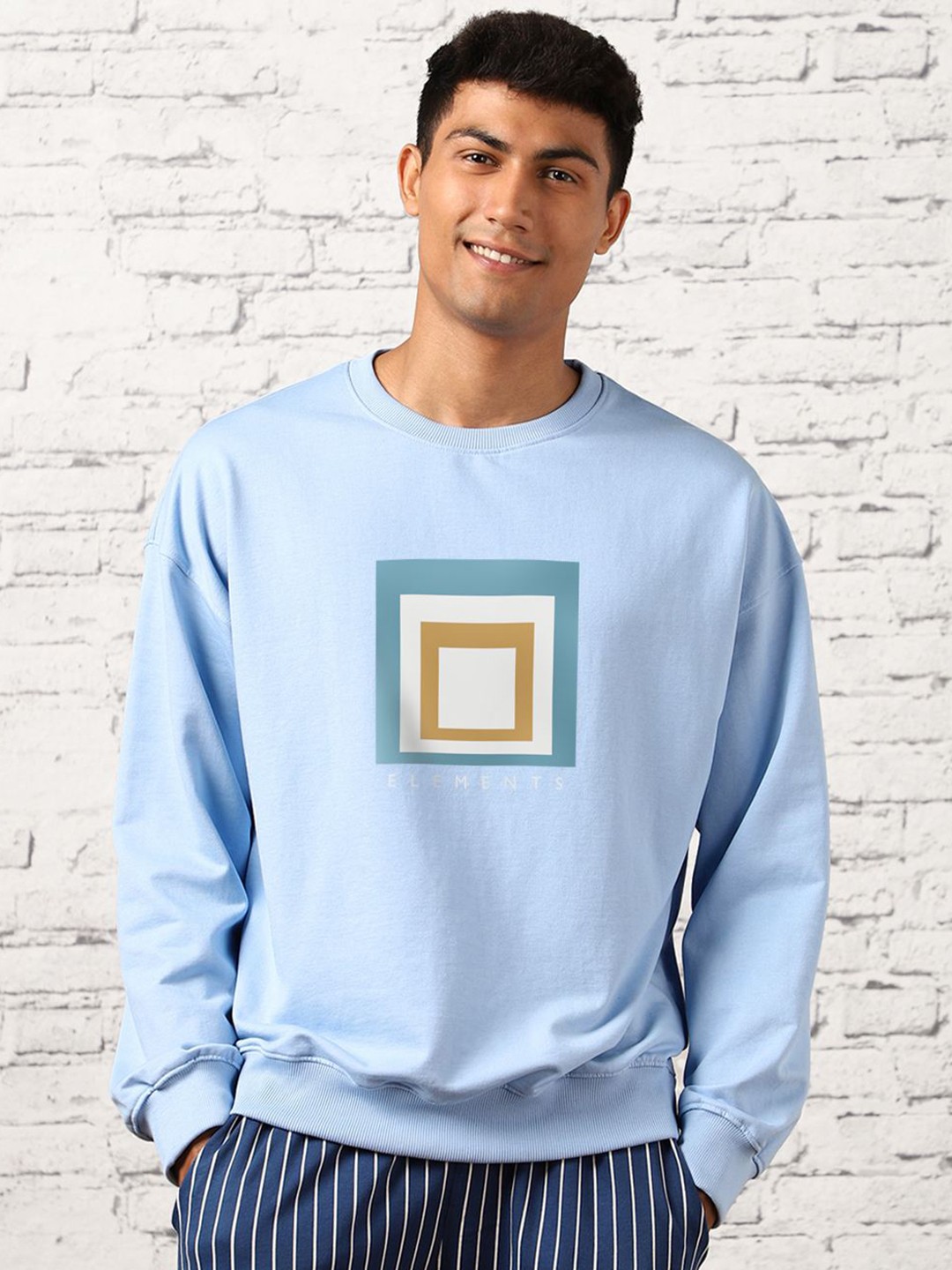 

NOBERO Geometric Printed Round Neck Long Sleeves Oversized Pullover Sweatshirt, Blue