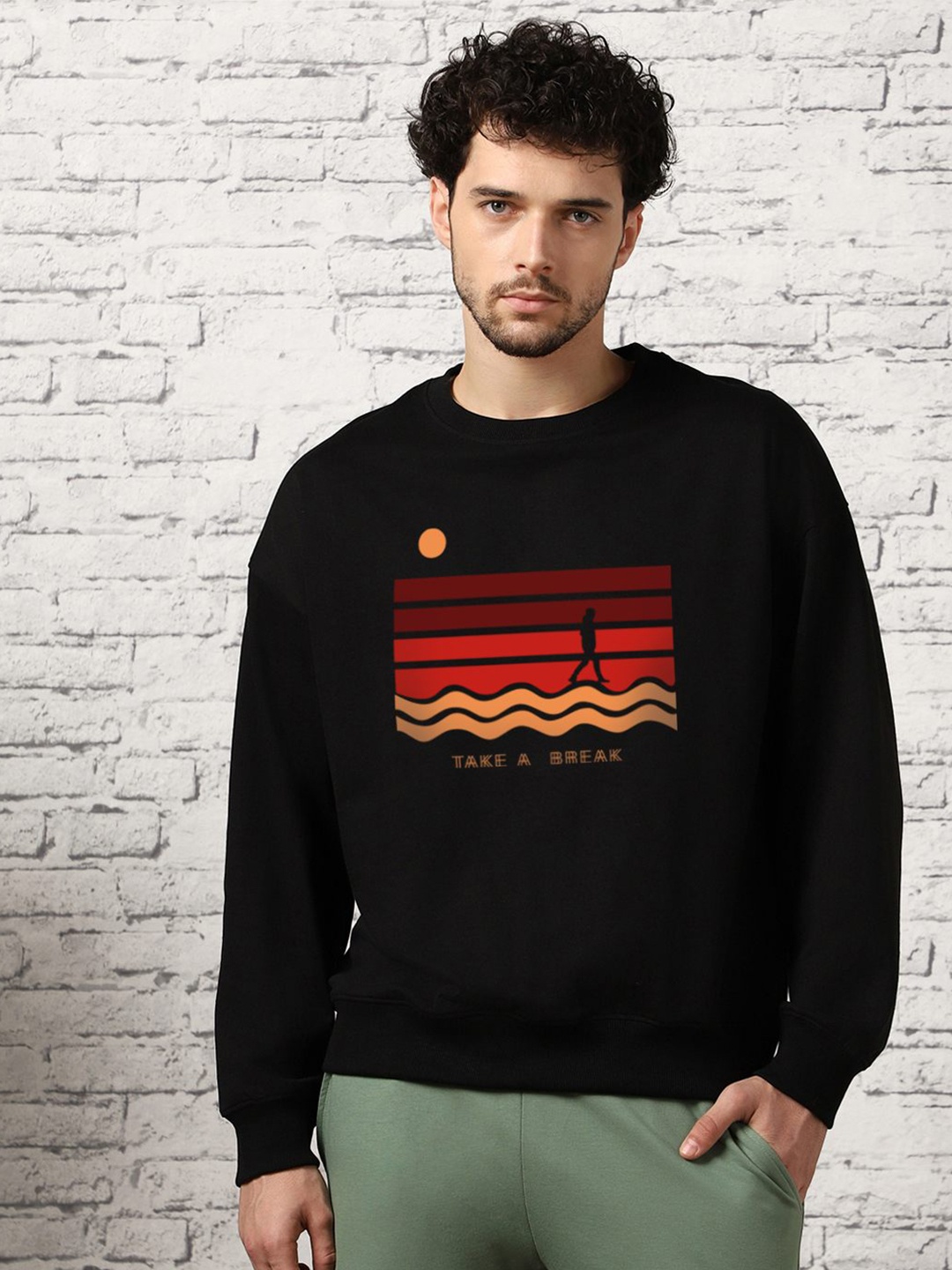 

NOBERO Graphic Printed Round Neck Long Sleeves Oversized Pullover Sweatshirt, Black