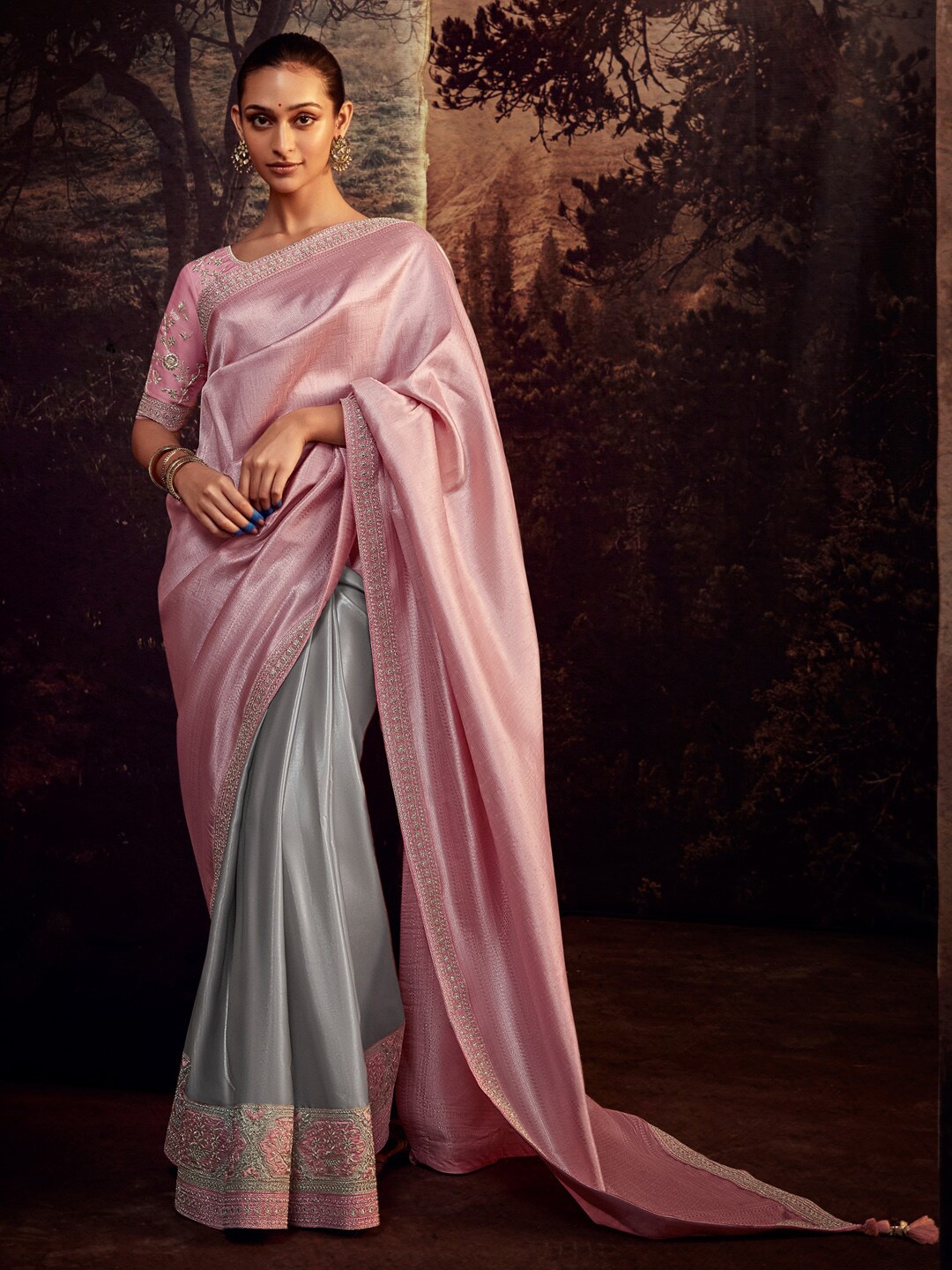 

Mitera Grey & Pink Embroidered Silk Blend Saree
