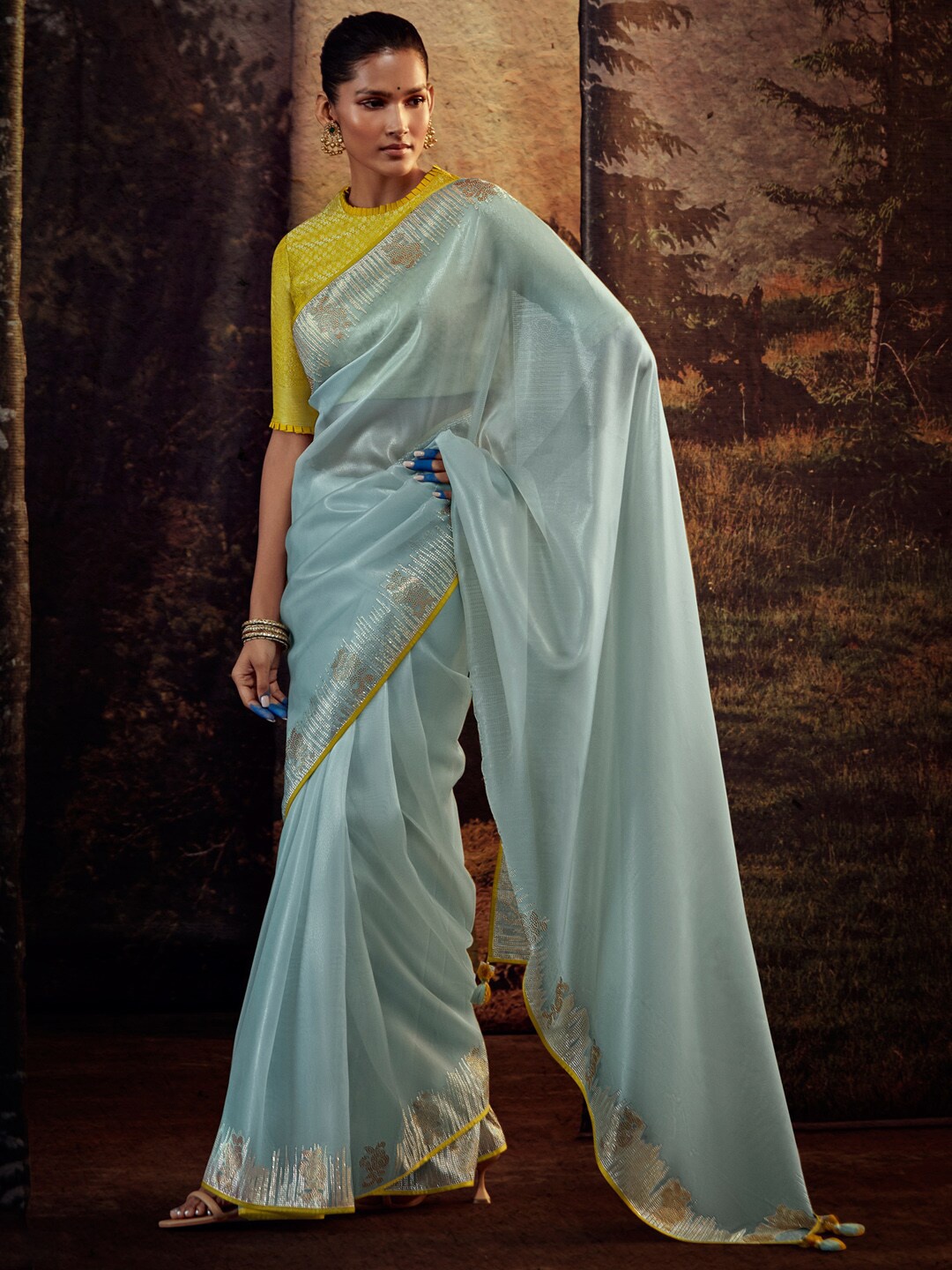 

Mitera Blue Beads and Stones Tissue Saree