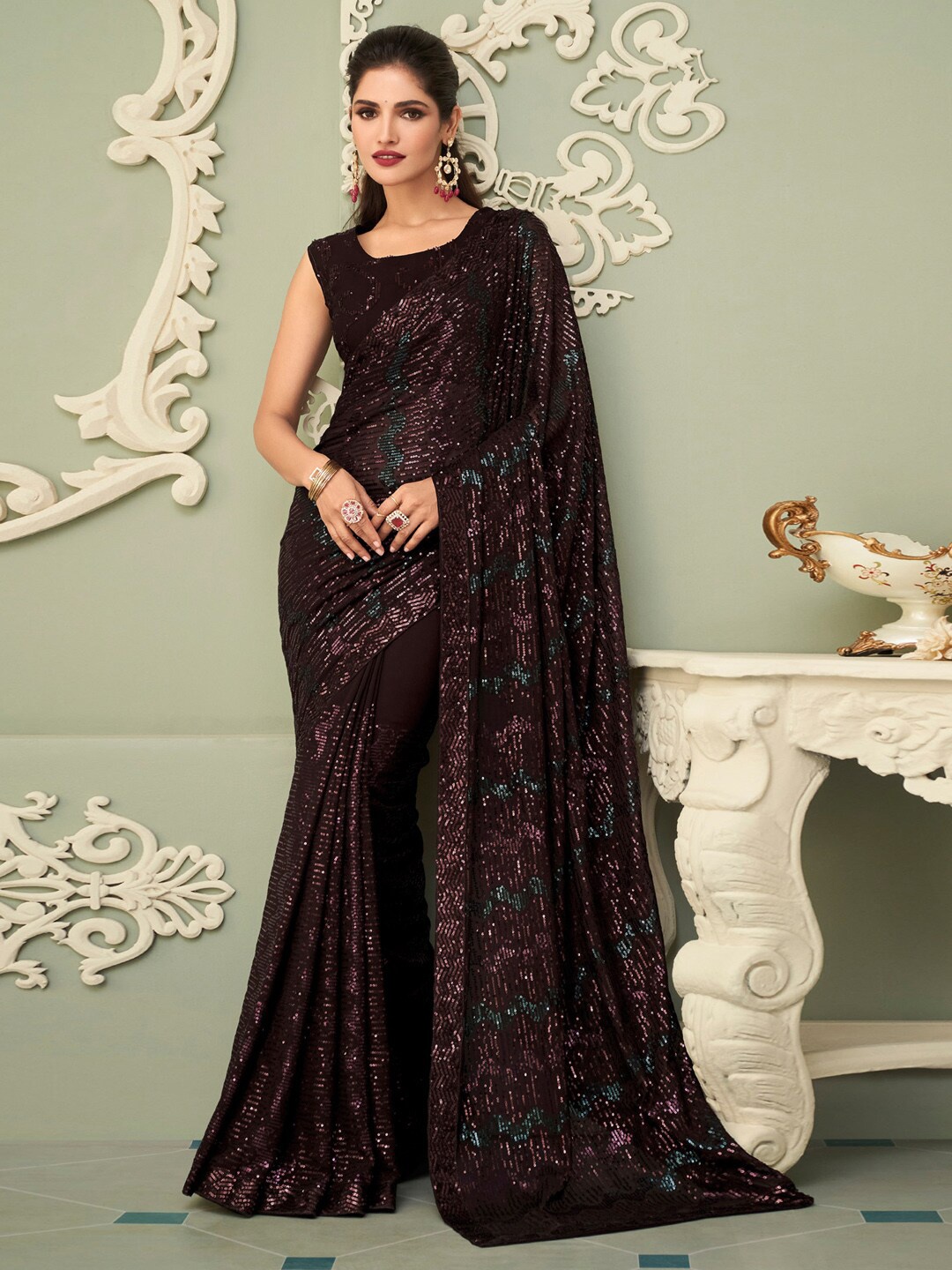 

Mitera Embellished Sequined Pure Georgette Saree, Brown