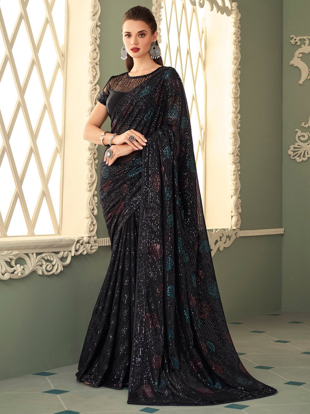 Mitera Embellished Sequinned Pure Georgette Heavy Work Saree, Black