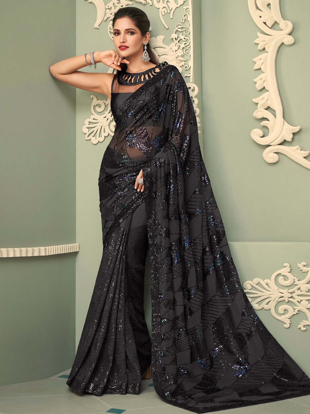 

Mitera Black Embellished Sequinned Pure Georgette Saree