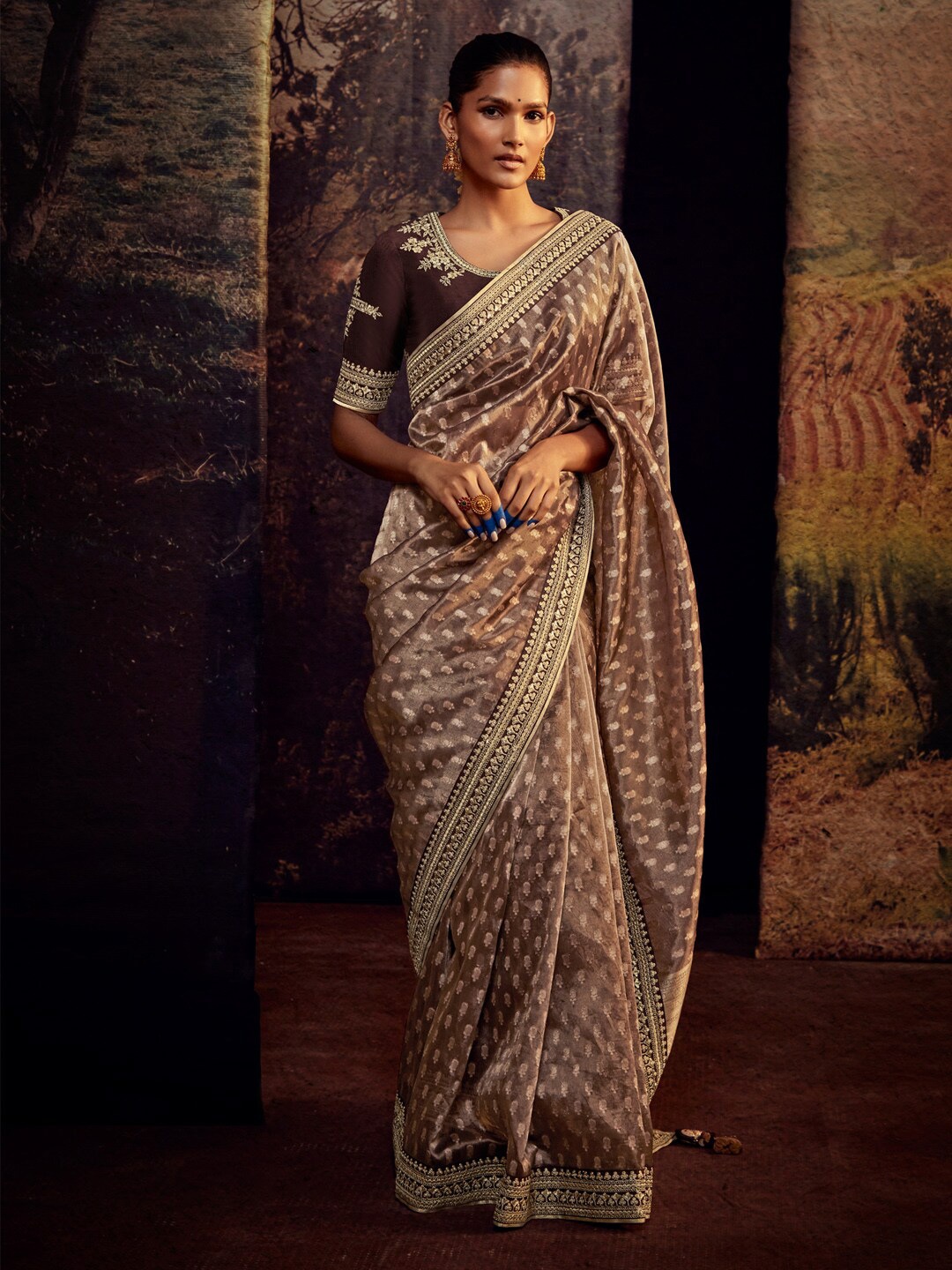 

Mitera Brown & Gold-Toned Ethnic Motifs Woven Design Saree With Embroidered Border