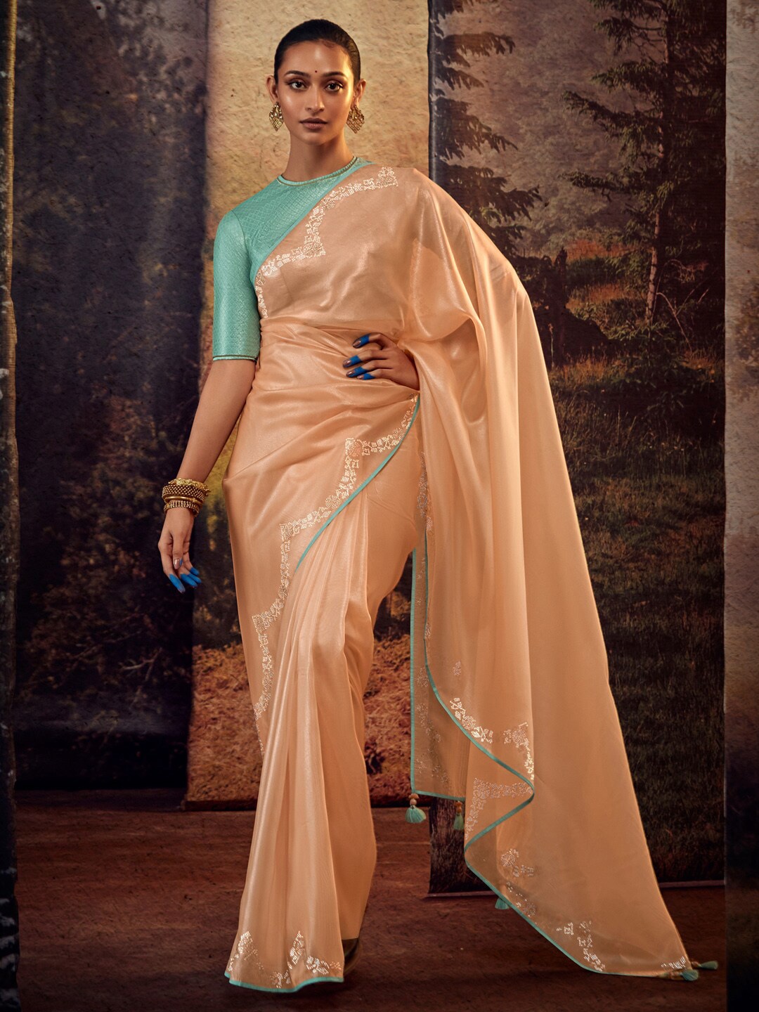 

Mitera Peach-Coloured & Sea Green Embellished Tissue Saree