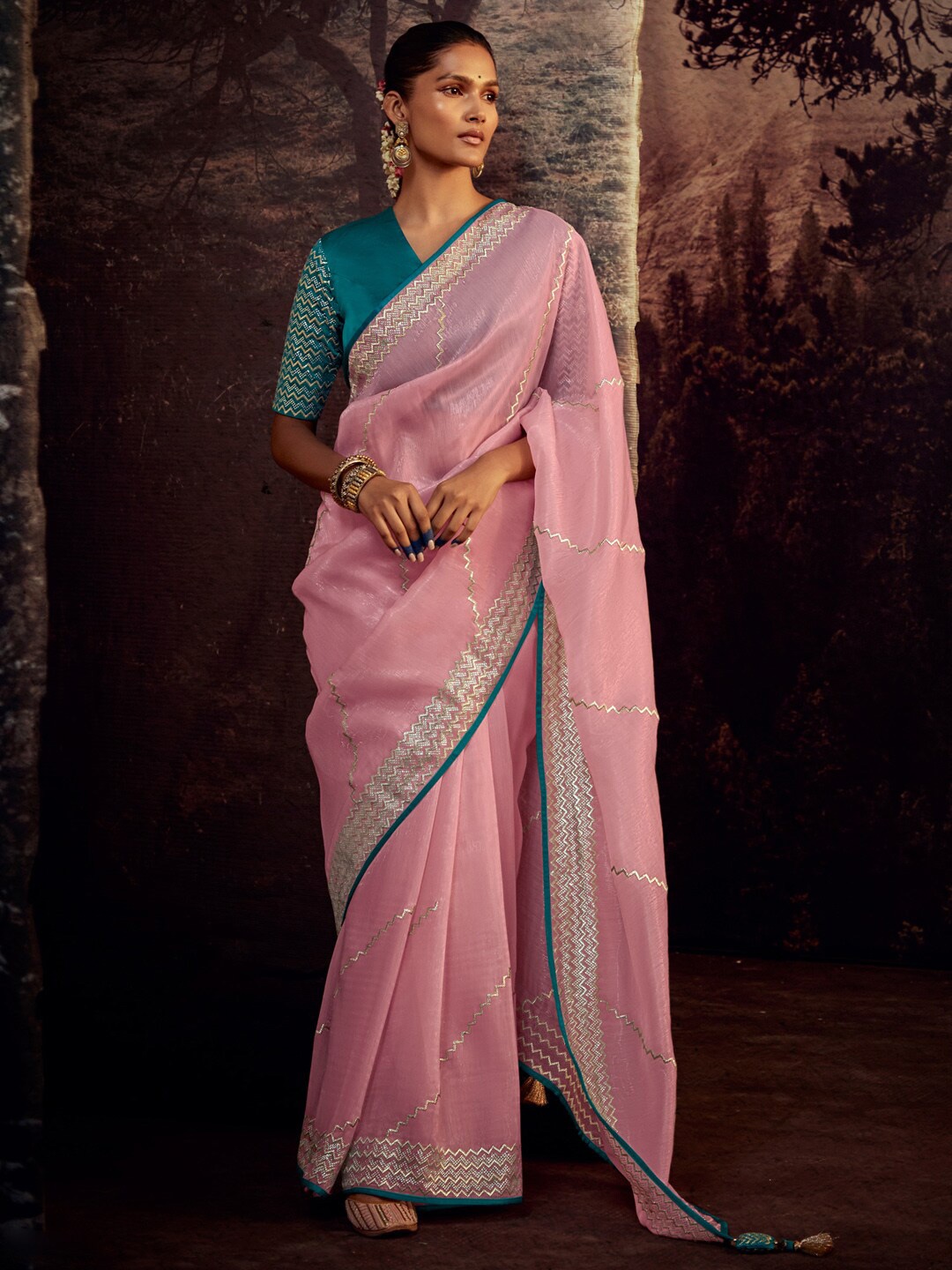 

Mitera Pink & Green Striped Embroidered Saree