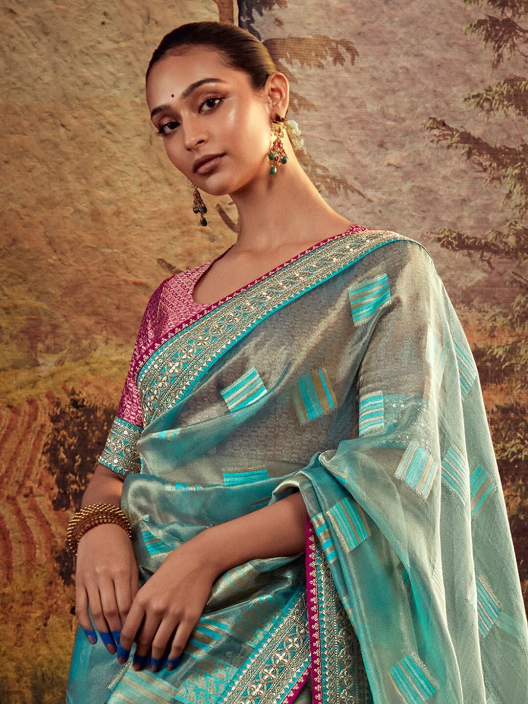

Mitera Blue & Pink Geometric Woven Design Tissue Saree