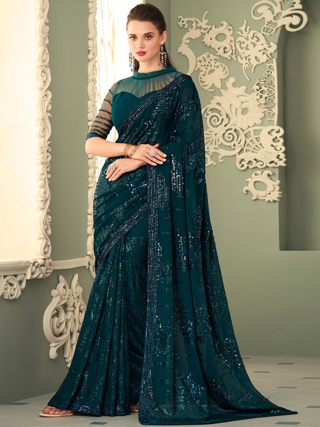 

Mitera Embellished Sequinned Pure Georgette Saree, Teal