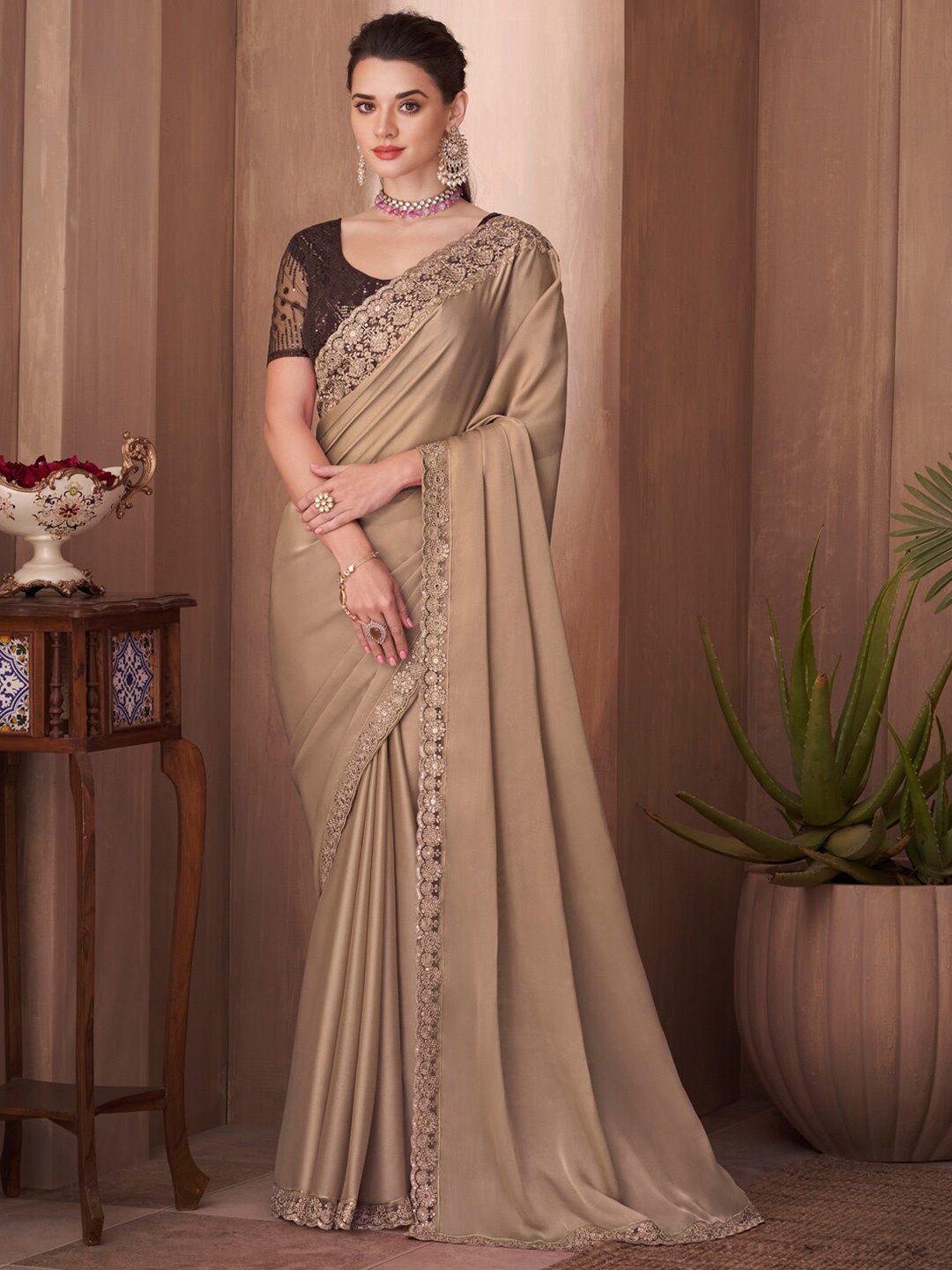 

Mitera Beige & Brown Sequinned Embellished Saree