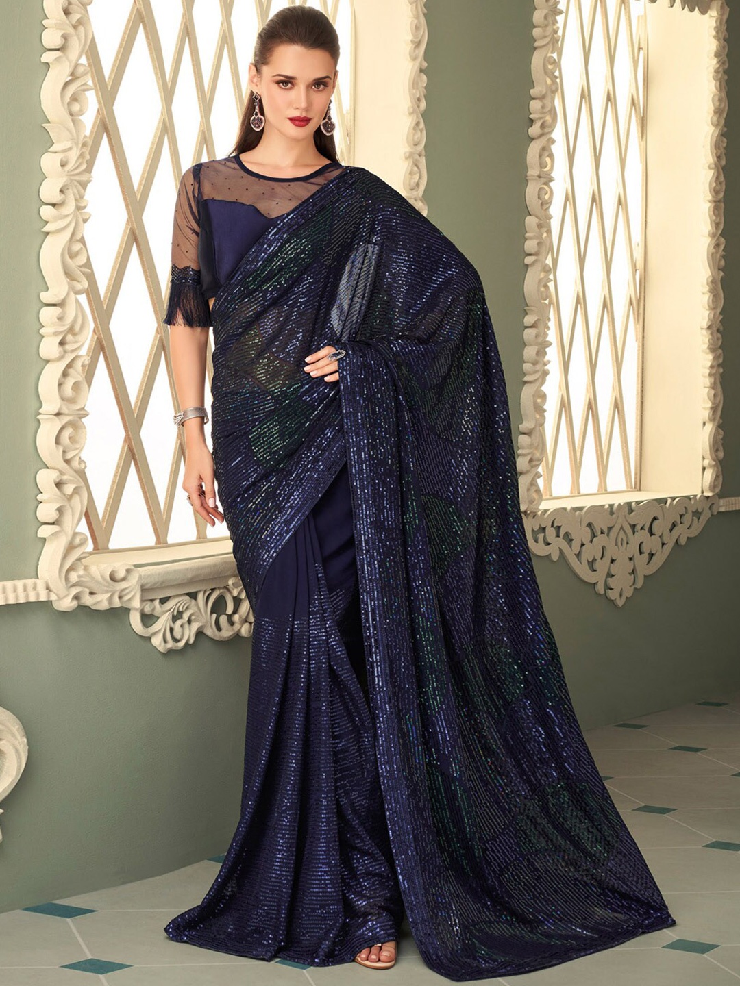 

Mitera Navy Blue Sequinned Embellished Pure Georgette Saree