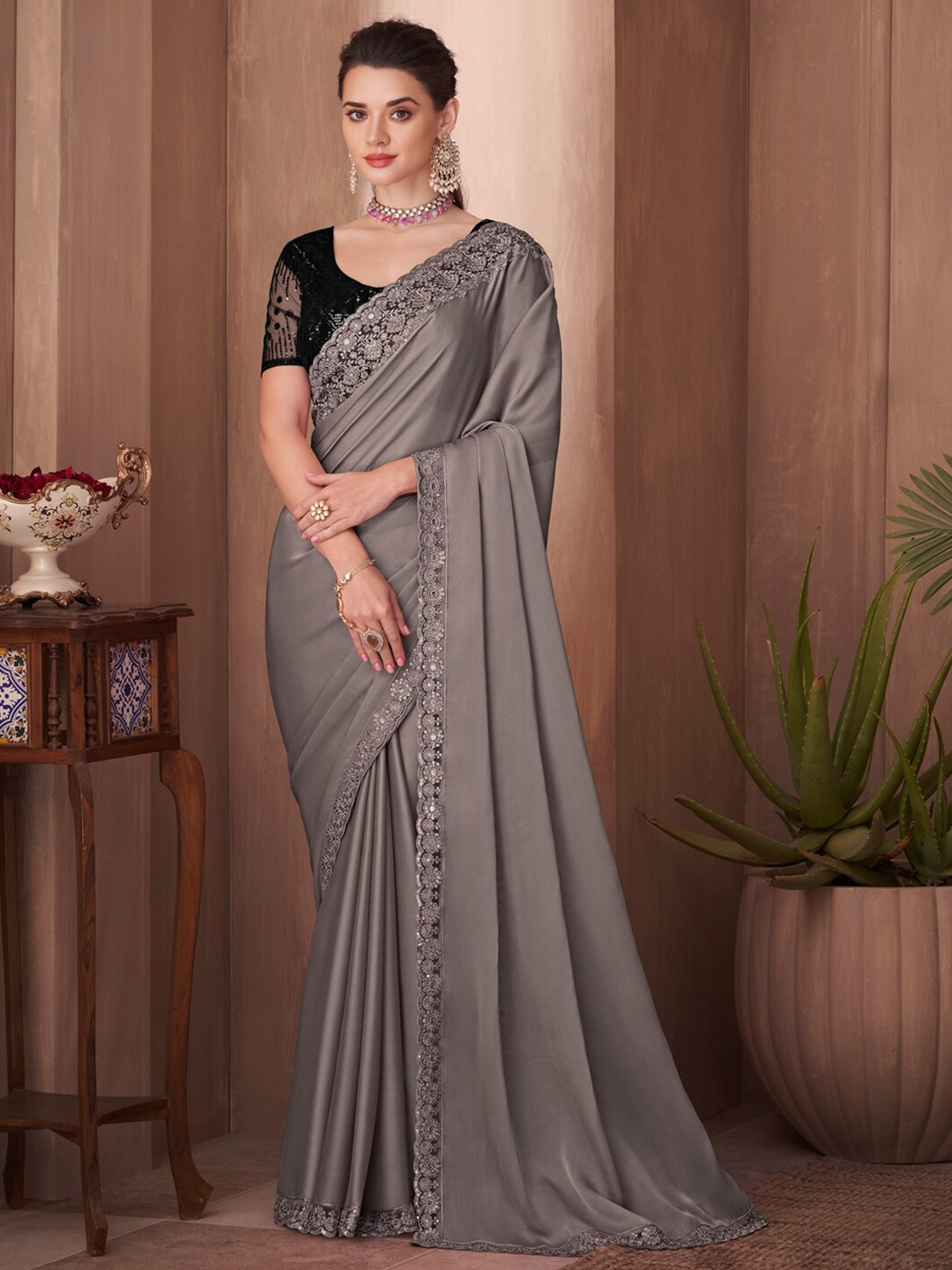 

Mitera Sequinned Silk Blend Saree, Grey