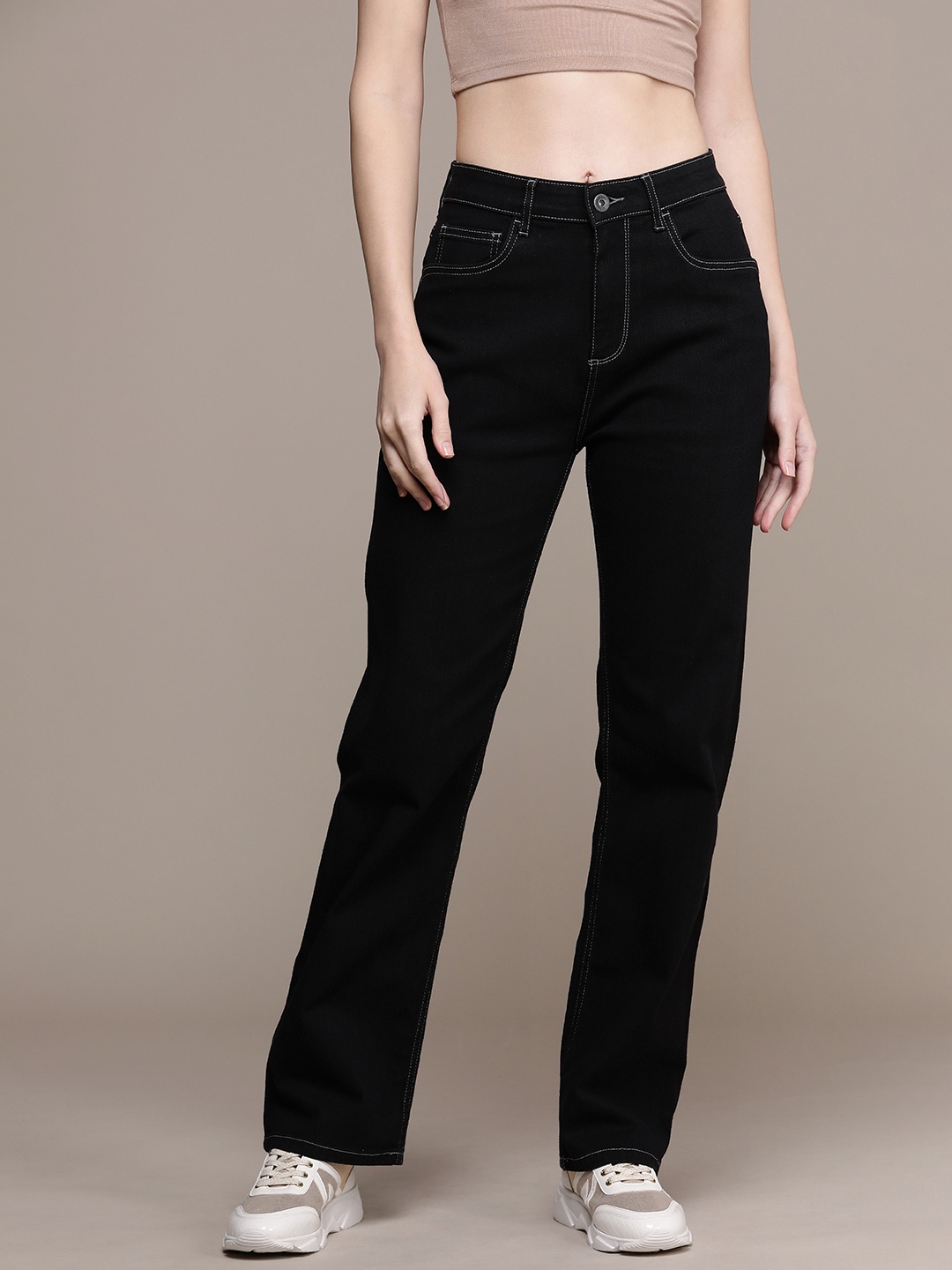 

The Roadster Life Co. Women High-Rise Straight Fit Stretchable Jeans, Black