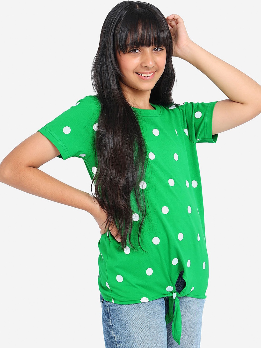 

BONKIDS Girls Polka Dot Printed Round Neck Tie-Ups Cotton Regular T-shirt, Green