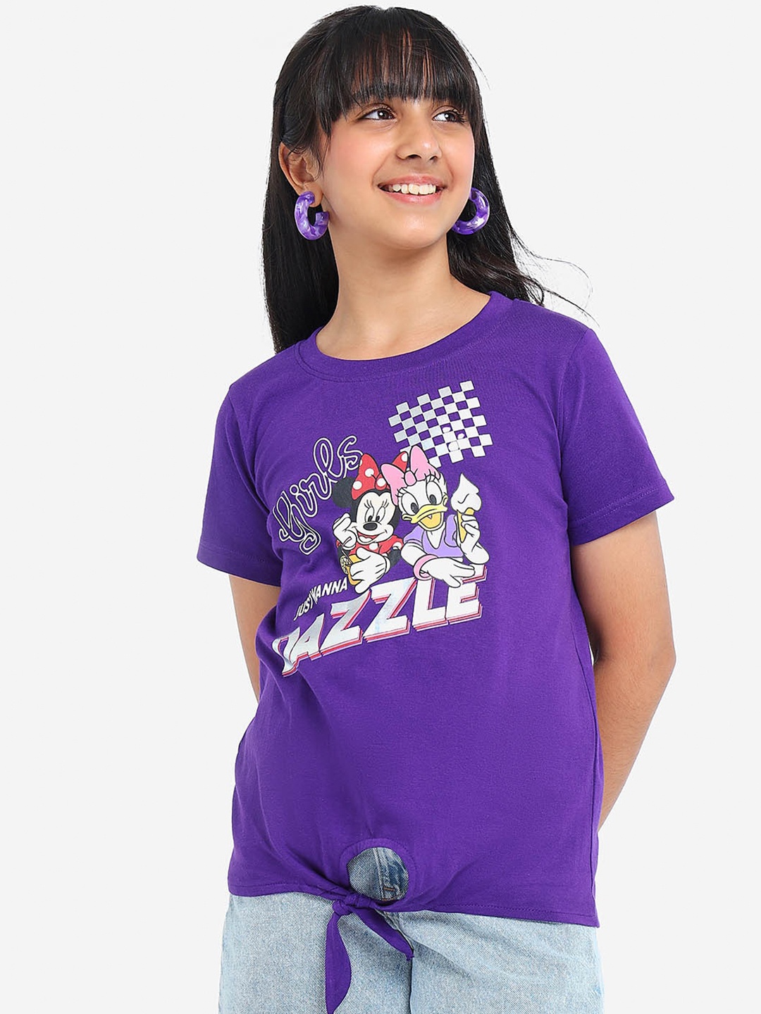 

BONKIDS Girls Mickey & Daisy Duck Printed Cotton T-shirt, Purple