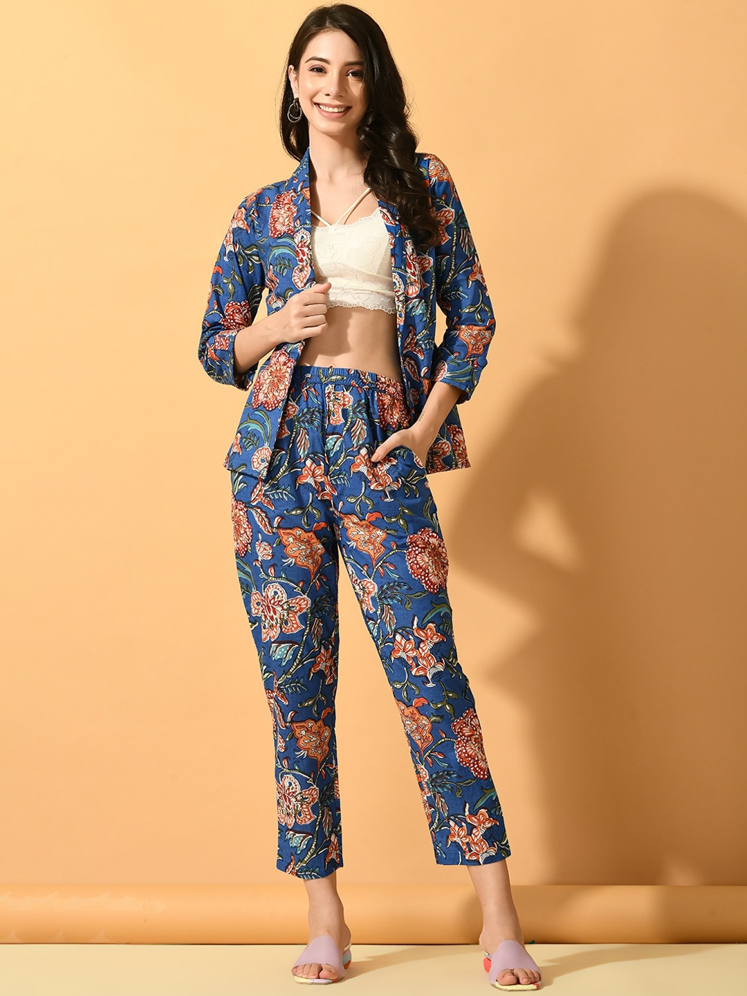 

Sangria Printed Coat With Trousers Co-Ords, Blue