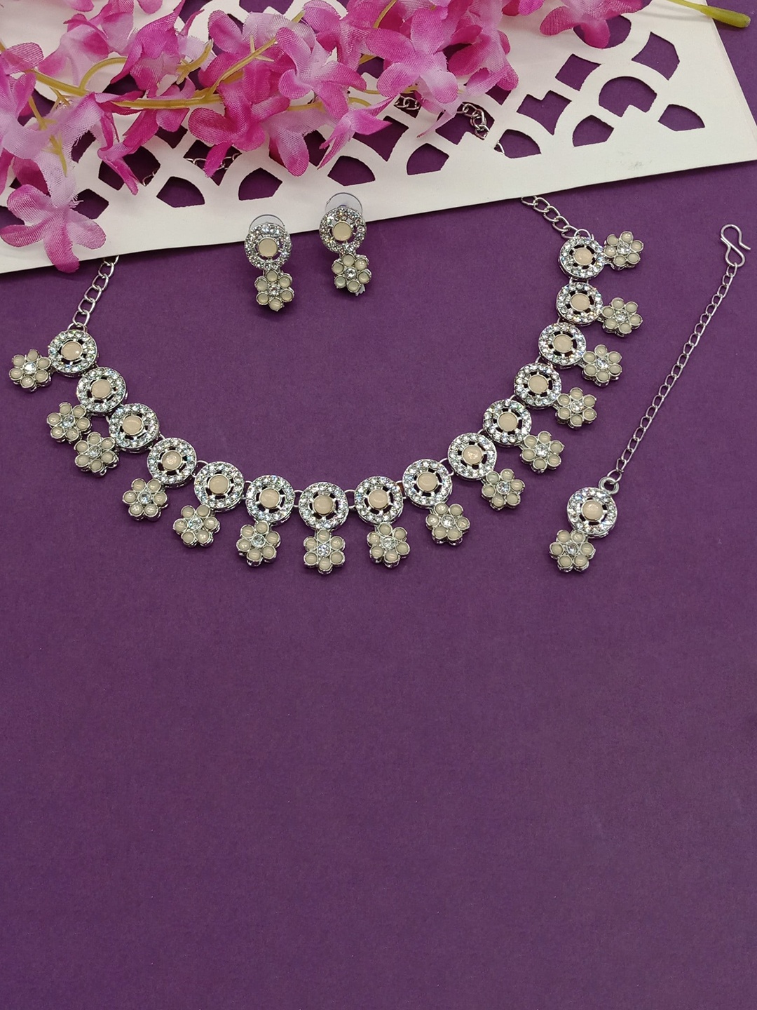 

AASHISH IMITATION Rhodium Plated Stone Studded Jewellery Set, Silver