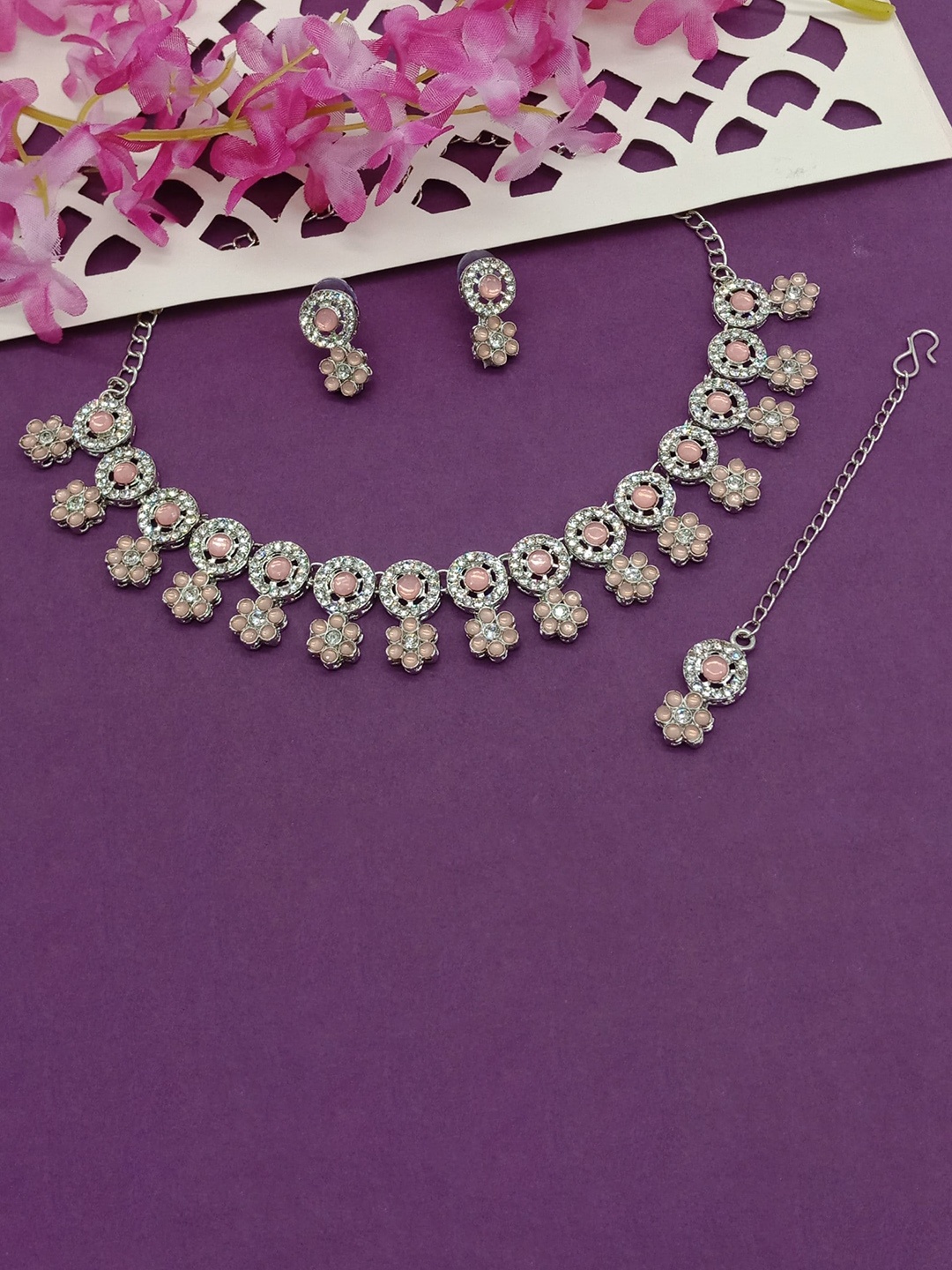 

AASHISH IMITATION Rhodium-Plated Stone-Studded Jewellery Set, Silver