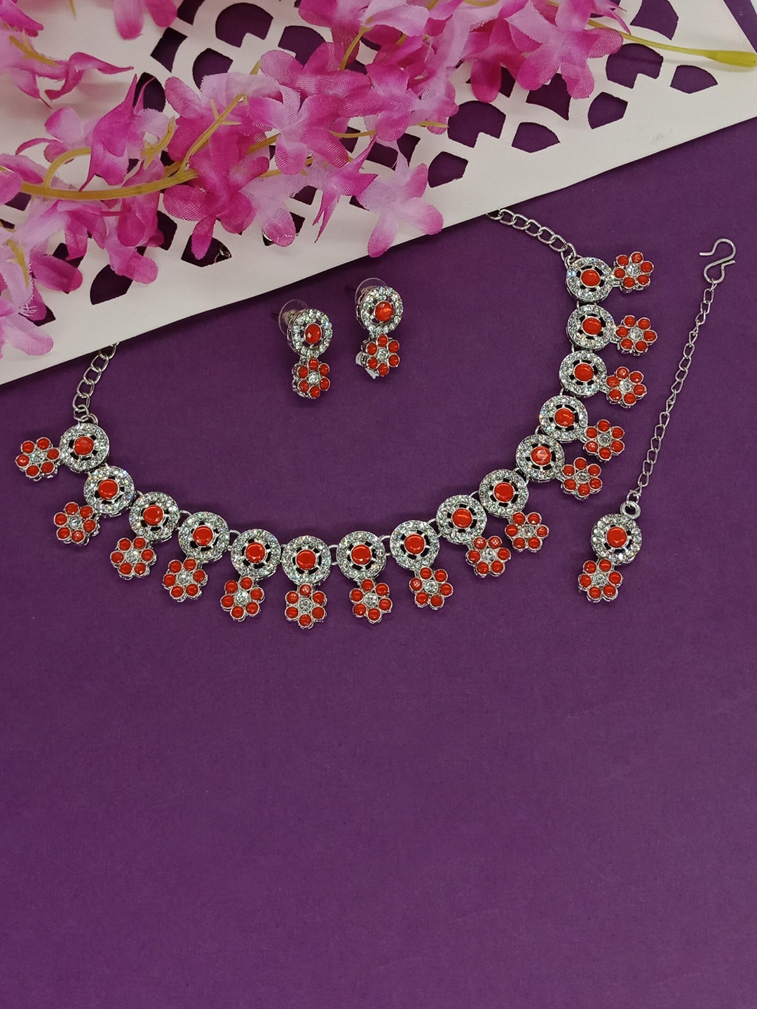 

AASHISH IMITATION Rhodium-Plated Stone Studded Jewellery Set, Silver
