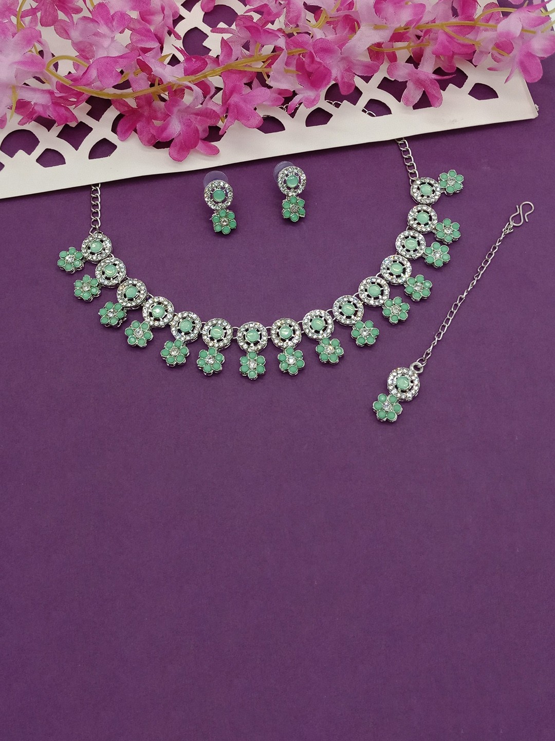 

AASHISH IMITATION Rhodium-Plated Stones Studded Necklace With Earrings With Maang Tika, Silver