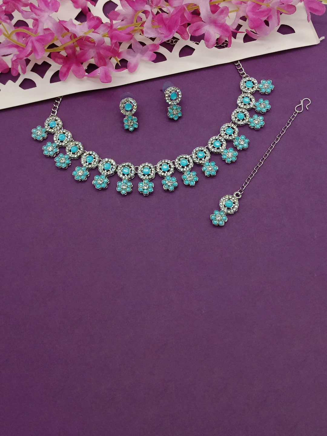 

AASHISH IMITATION Rhodium-Plated Stone-Studded Jewellery Set, Silver