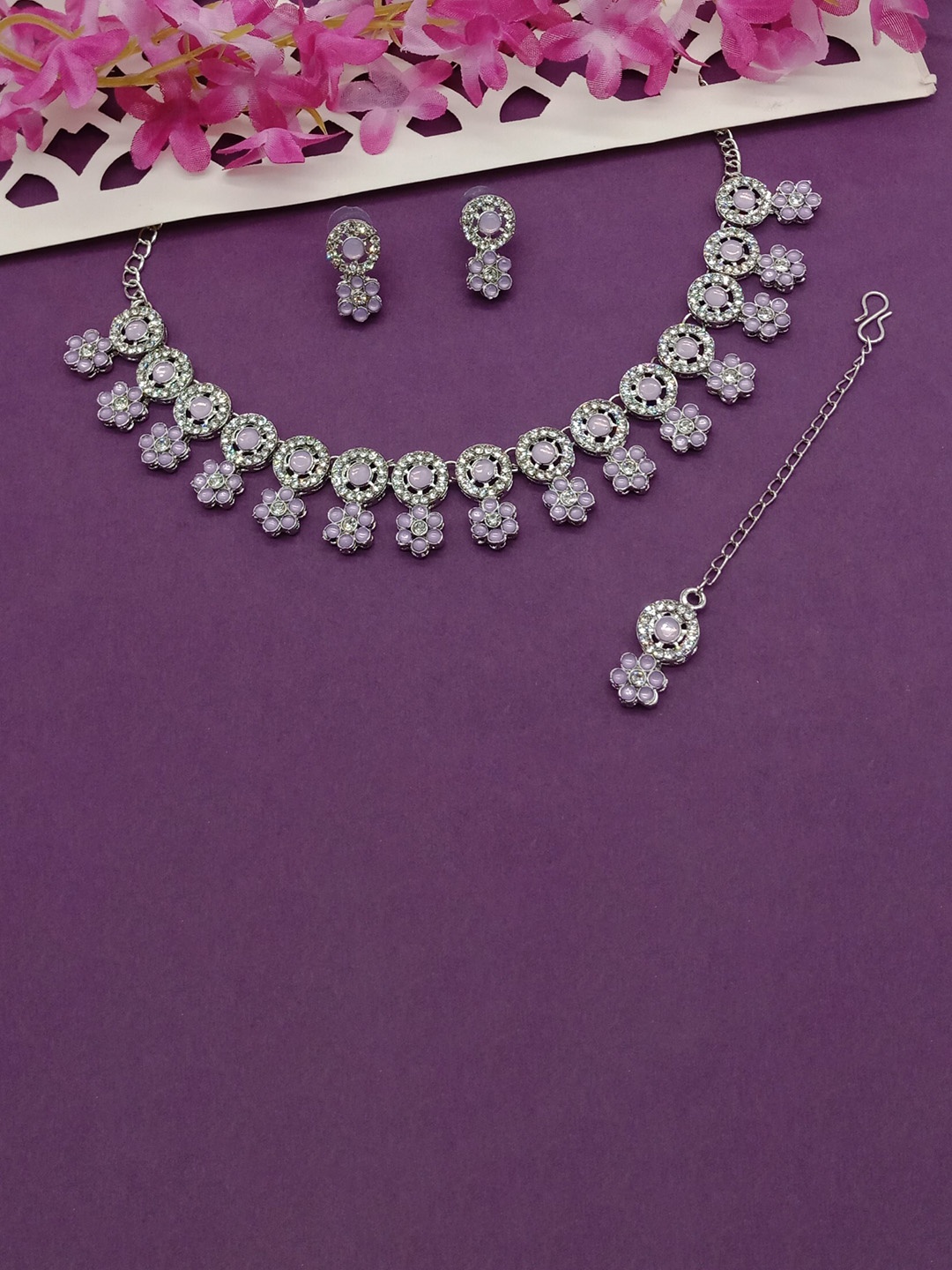

AASHISH IMITATION Rhodium-Plated Stones Studded Necklace With Earrings With Maang Tika, Silver