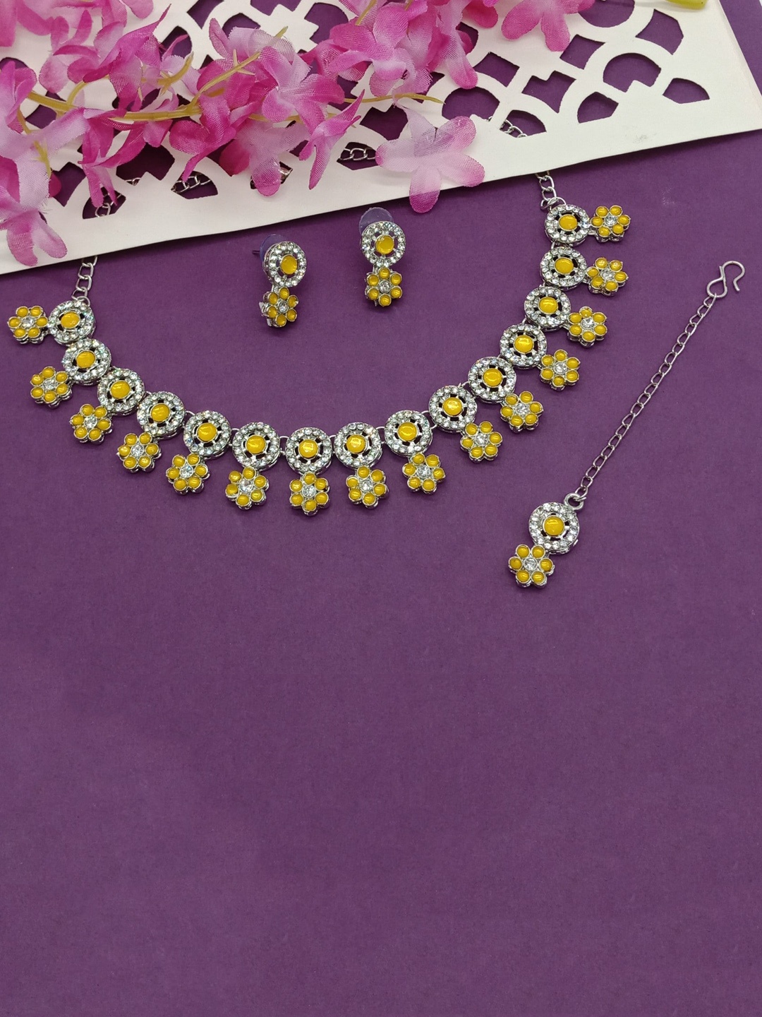 

AASHISH IMITATION Rhodium-Plated Stones Studded Necklace With Earrings With Maang Tika, Silver