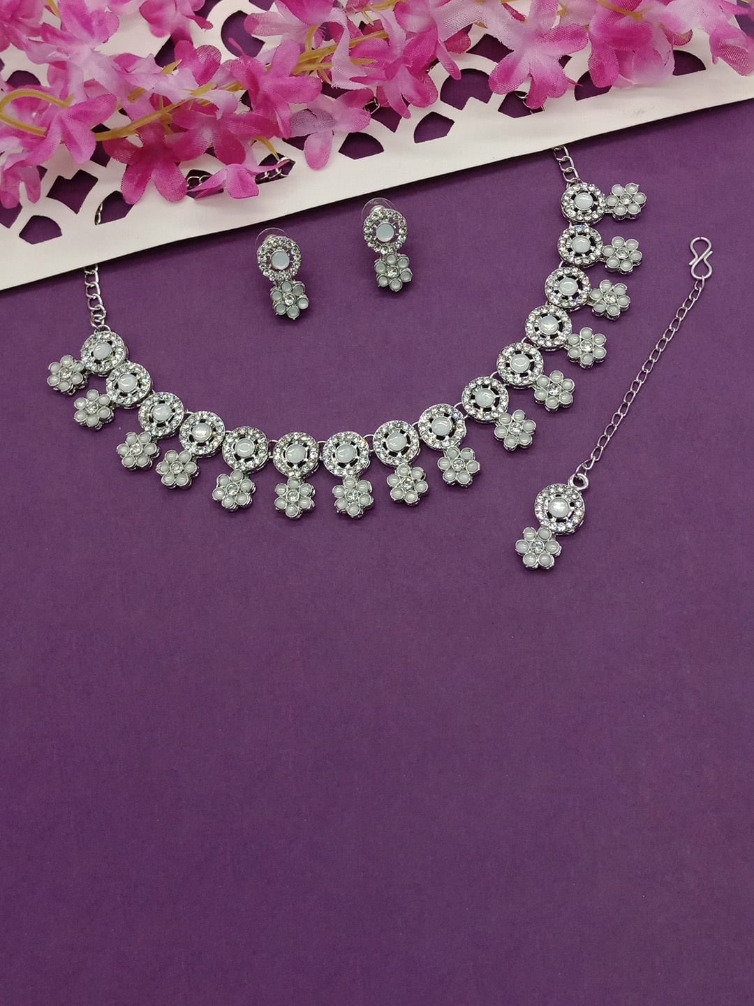 

AASHISH IMITATION Rhodium-Plated Stone-Studded Jewellery Set, Silver