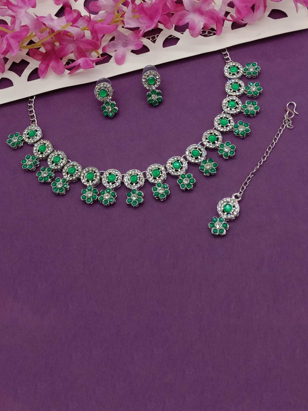 

AASHISH IMITATION Rhodium-Plated Stone- Studded Jewellery Set, Silver