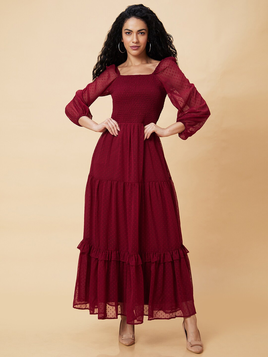 

Globus Smocked Tiered Fit & Flare Maxi Dress, Maroon