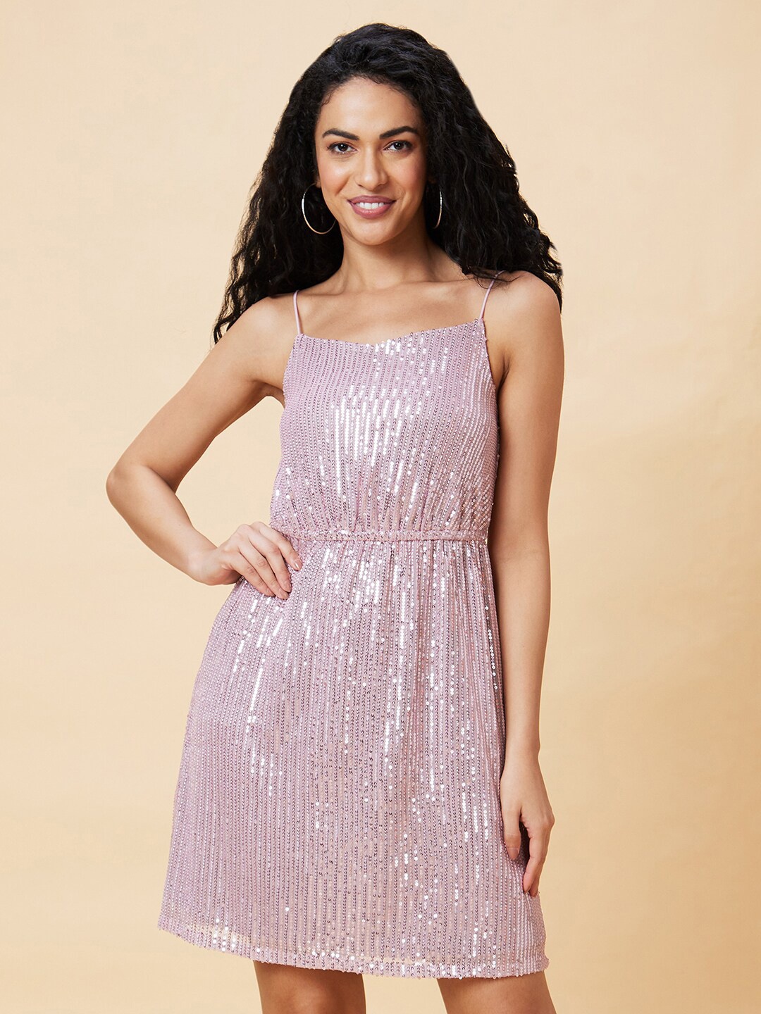 

Globus Mauve Embellished Shoulder Straps Sequinned A-Line Dress