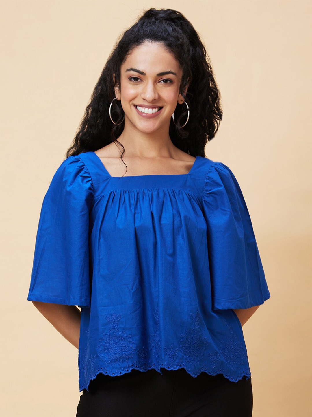 

Globus Square Neck Flared Sleeves Cotton Schiffli Top, Blue