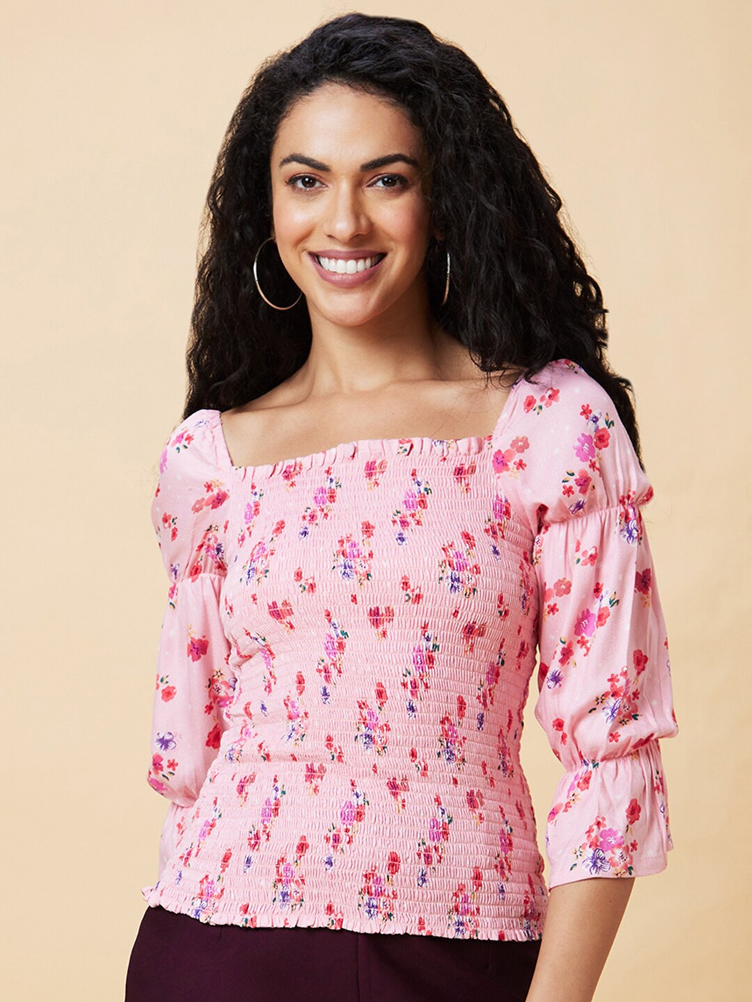 

Globus Pink Floral Printed Bell Sleeves Top