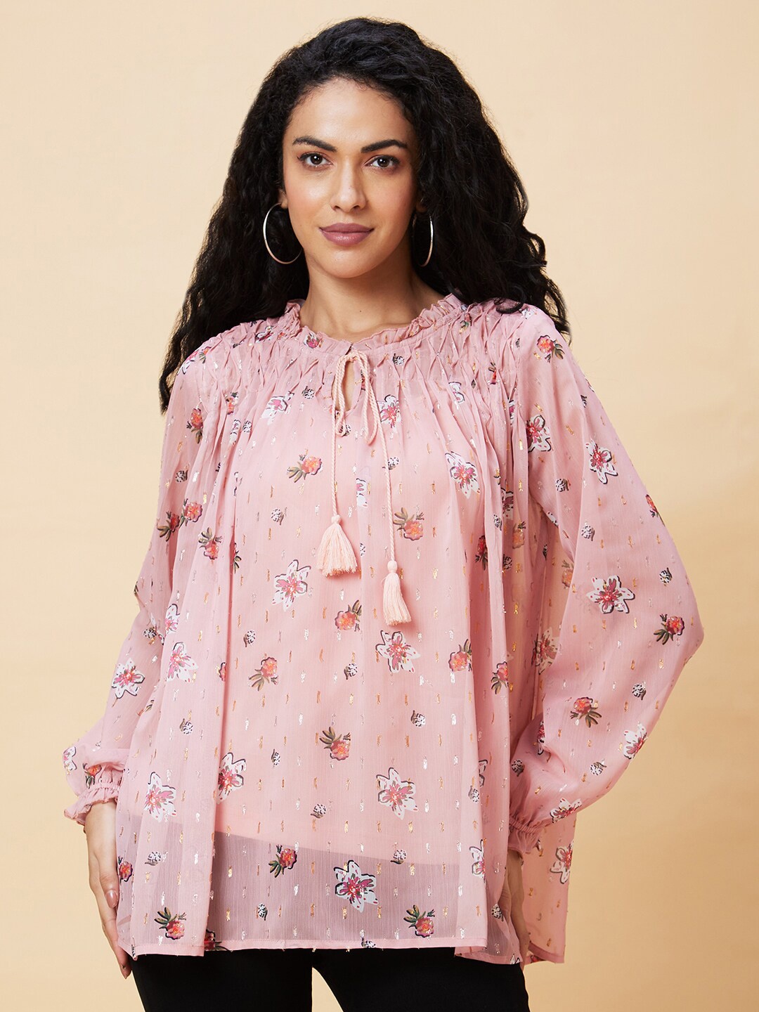 

Globus Pink Floral Printed Tie-Up Neck Top