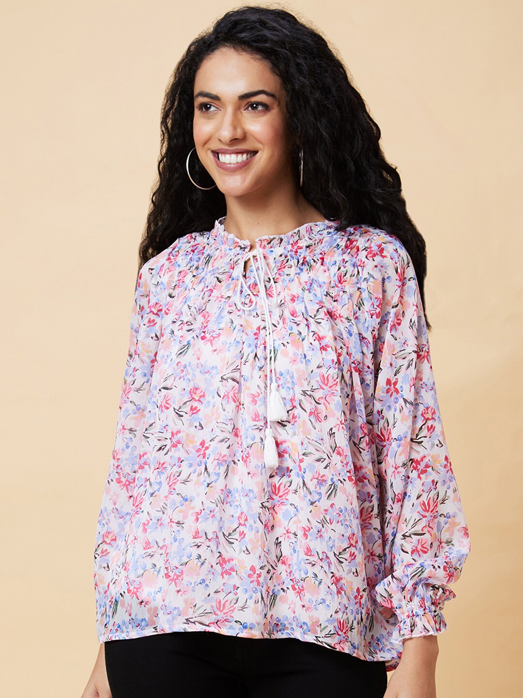 

Globus White Floral Print Tie-Up Neck Top