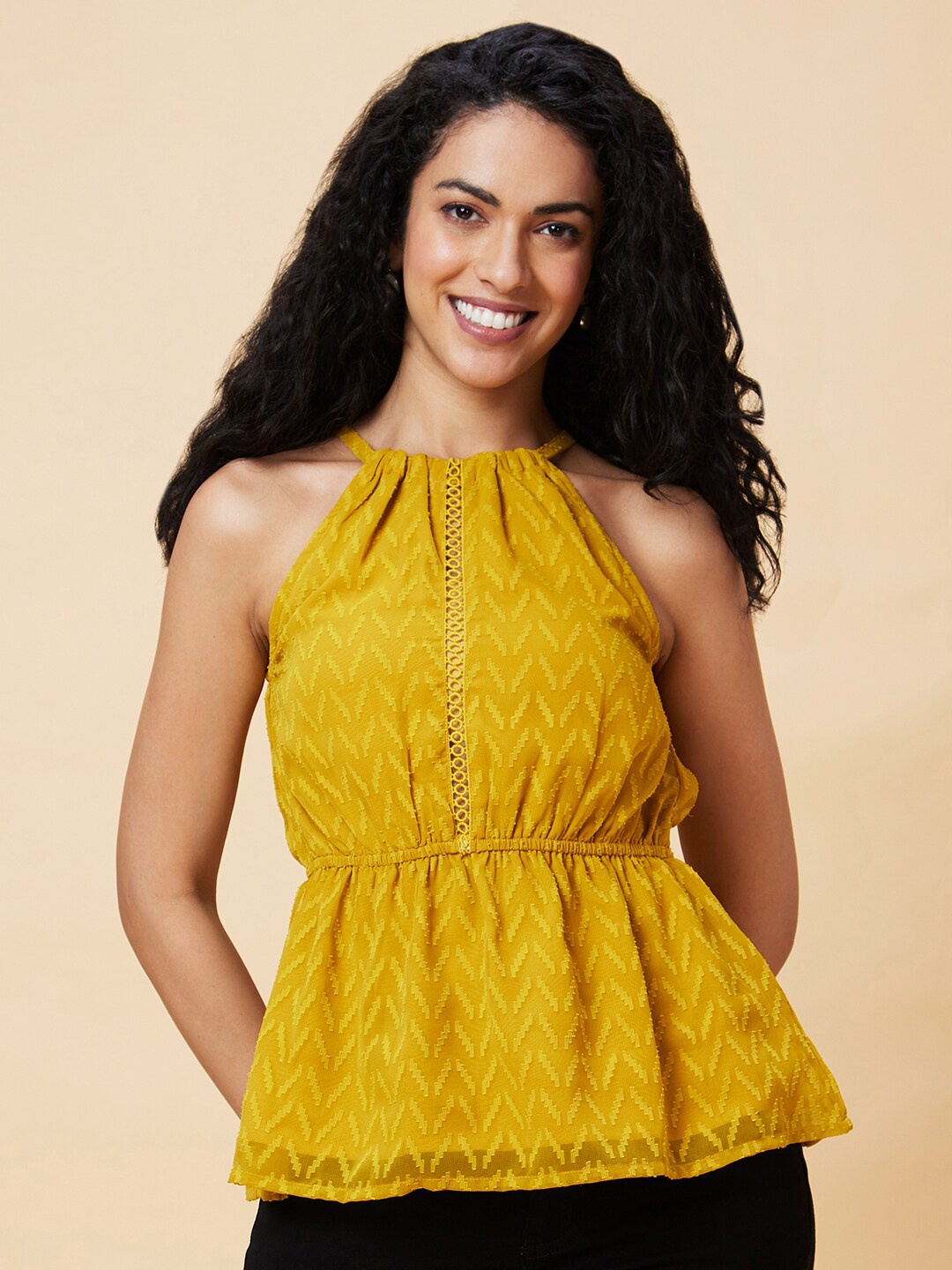 

Globus Mustard Yellow Self Design Halter Neck Peplum Top