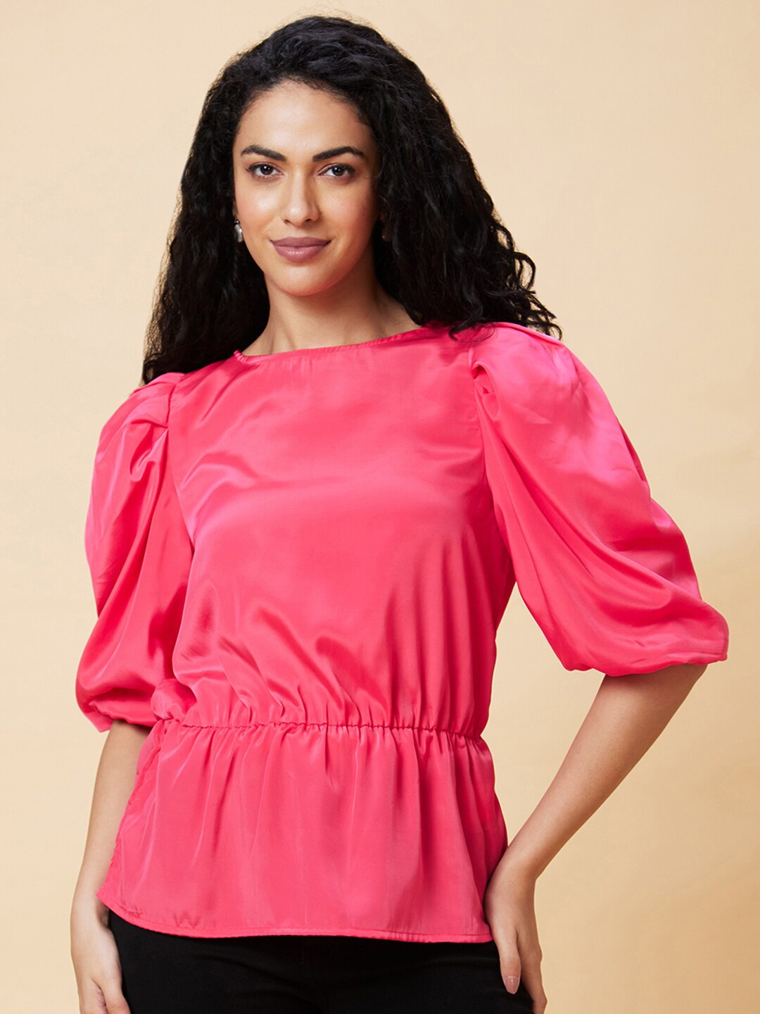 

Globus Pink Puff Sleeves Gathered Cinched Waist Top
